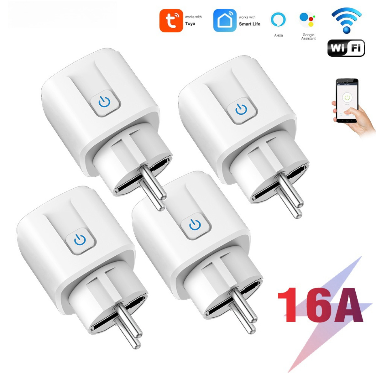 Vier weiße Smart-Stecker mit einer Ein/Aus-Taste, Wi-Fi-Symbol und einem 16A-Label.