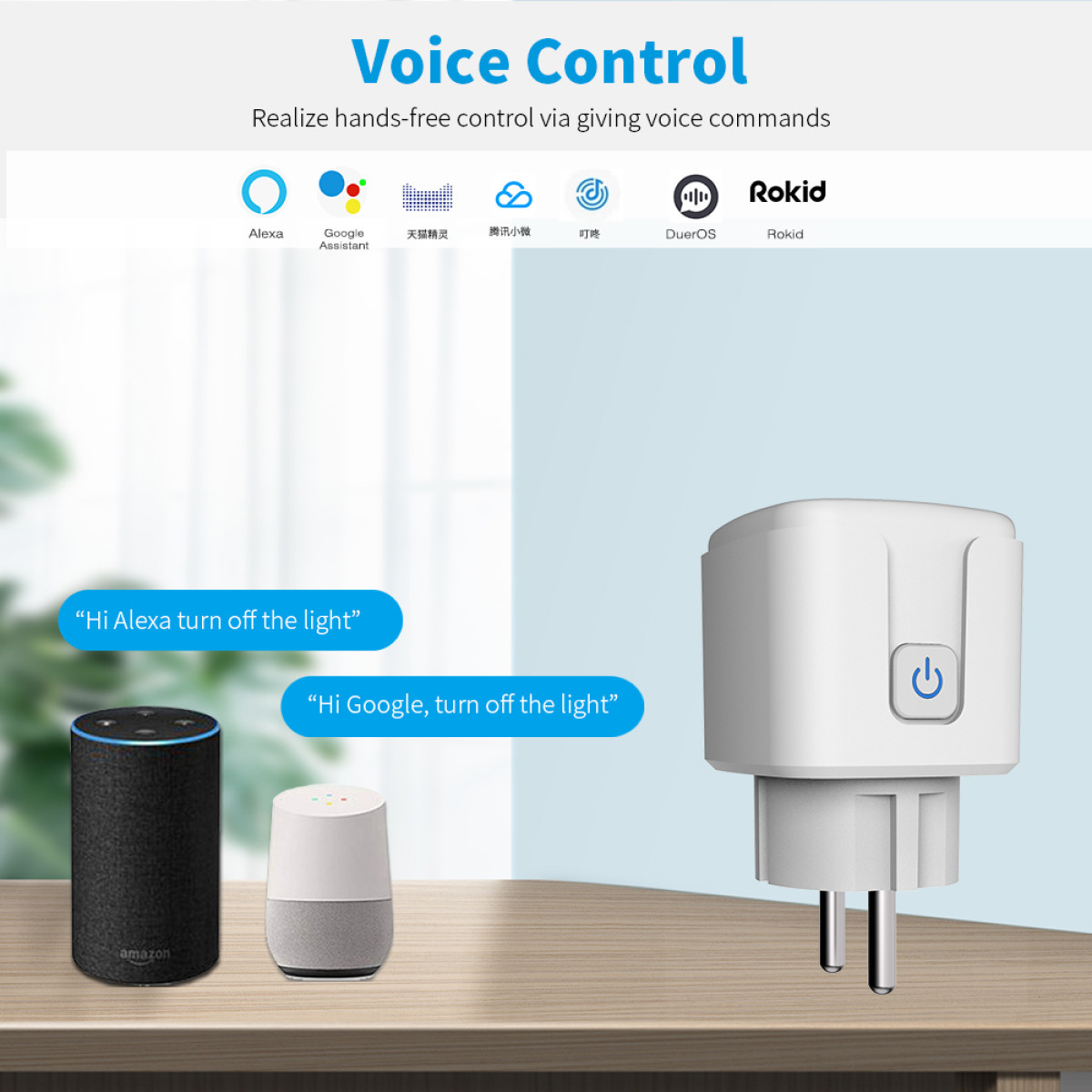 Bild von Smart-Plug- und Sprachsteuerungsgeräten, einschließlich Alexa und Google Assistant.
