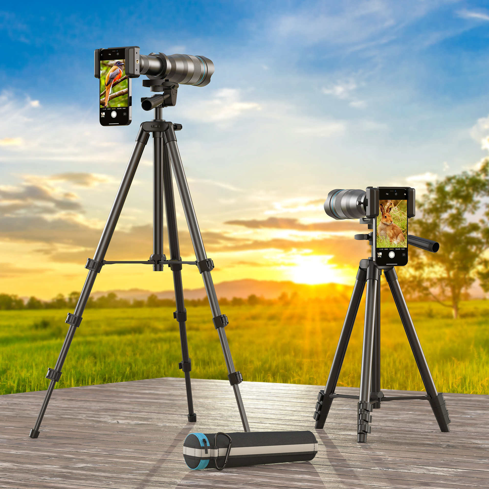 Dwa statywy z dołączonymi telefonami, rejestrujące zdjęcia ptaków i jeleni, oraz złożony statyw.