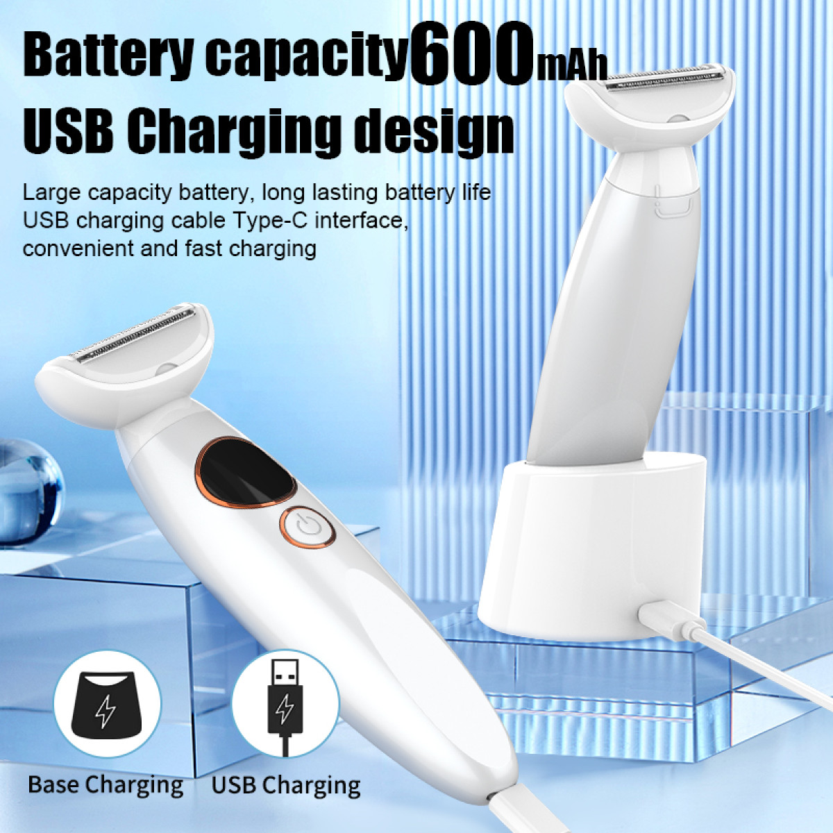 Zwei weiße Rasierer mit USB-Aufladung und Basis-Aufladung. Die Akkukapazität beträgt 600 mAh.