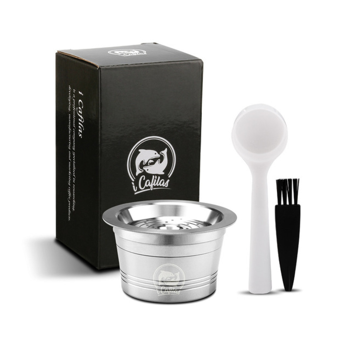 A coffee pod container, a spoon, and a cleaning brush. The pod container has a logo.
