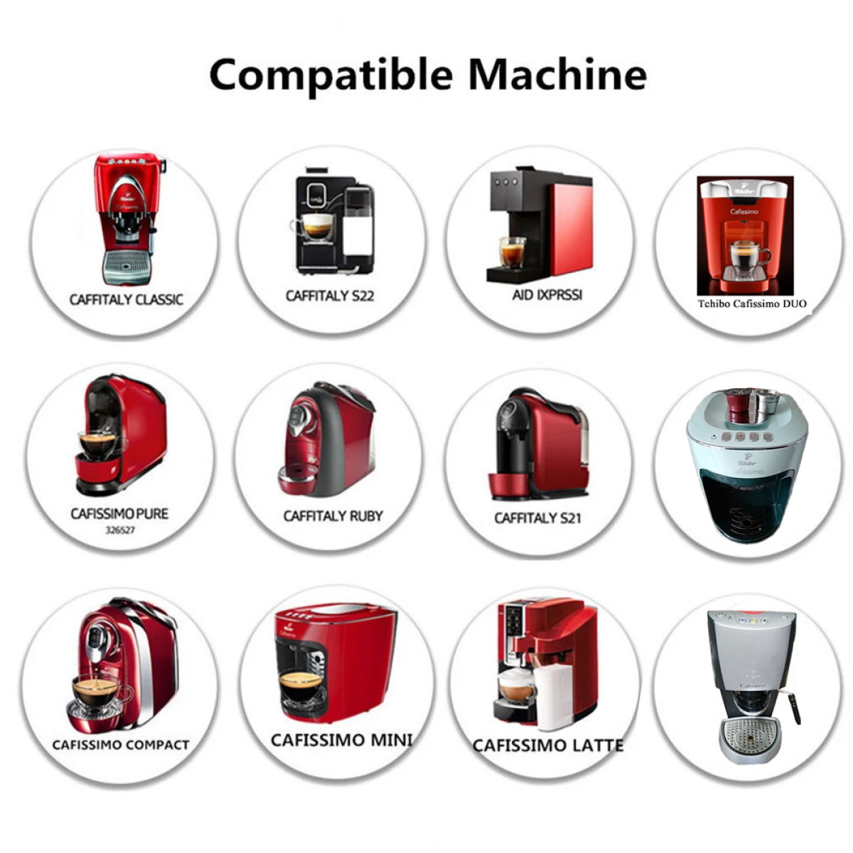 Images of various coffee machines with text. The text says "Compatible Machine".