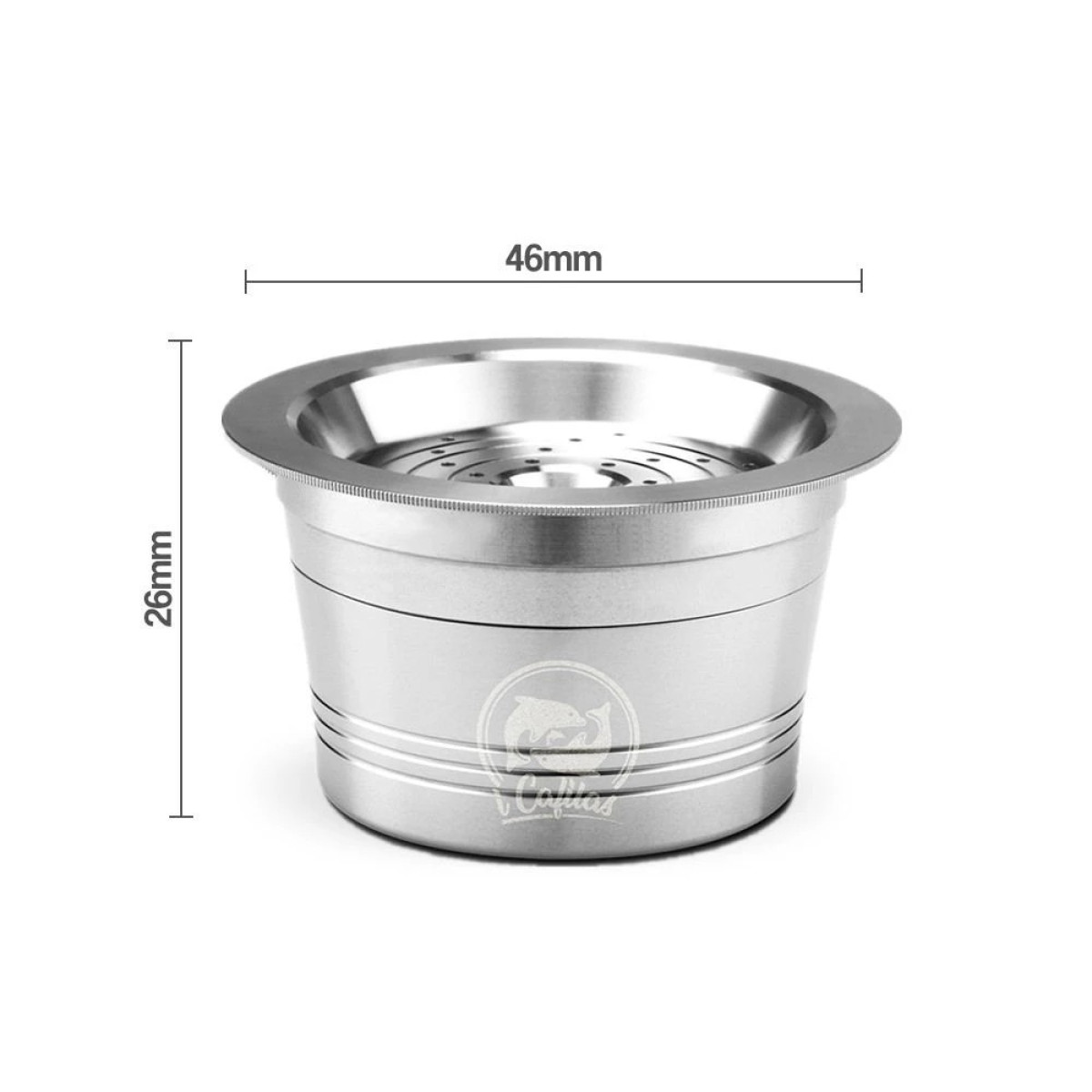 A metal coffee pod with dimensions labeled as 46mm x 26mm. White background.