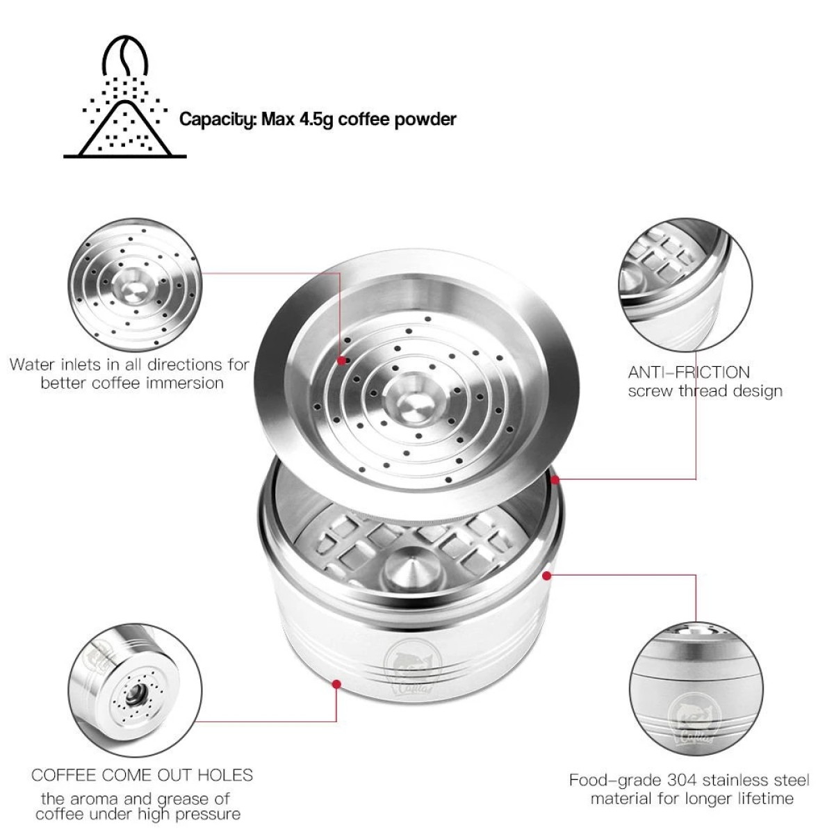 Stainless steel coffee capsule with multiple design features and labels. The text indicates it holds 4.5g coffee.