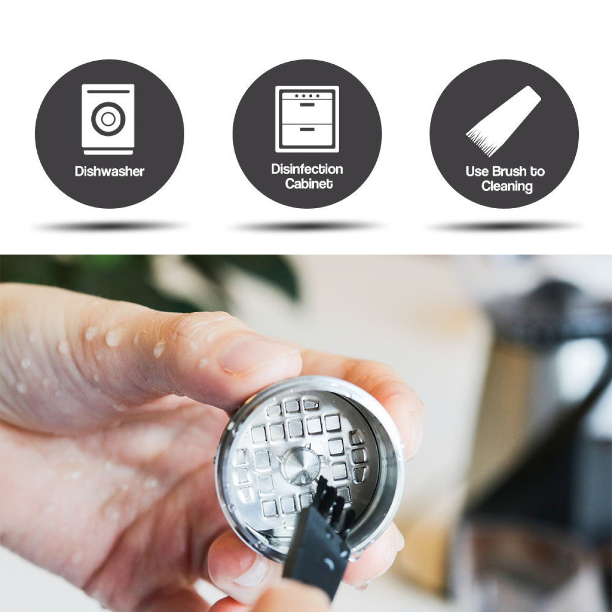 Images of icons that represent a dishwasher, disinfection cabinet, and a brush for cleaning.