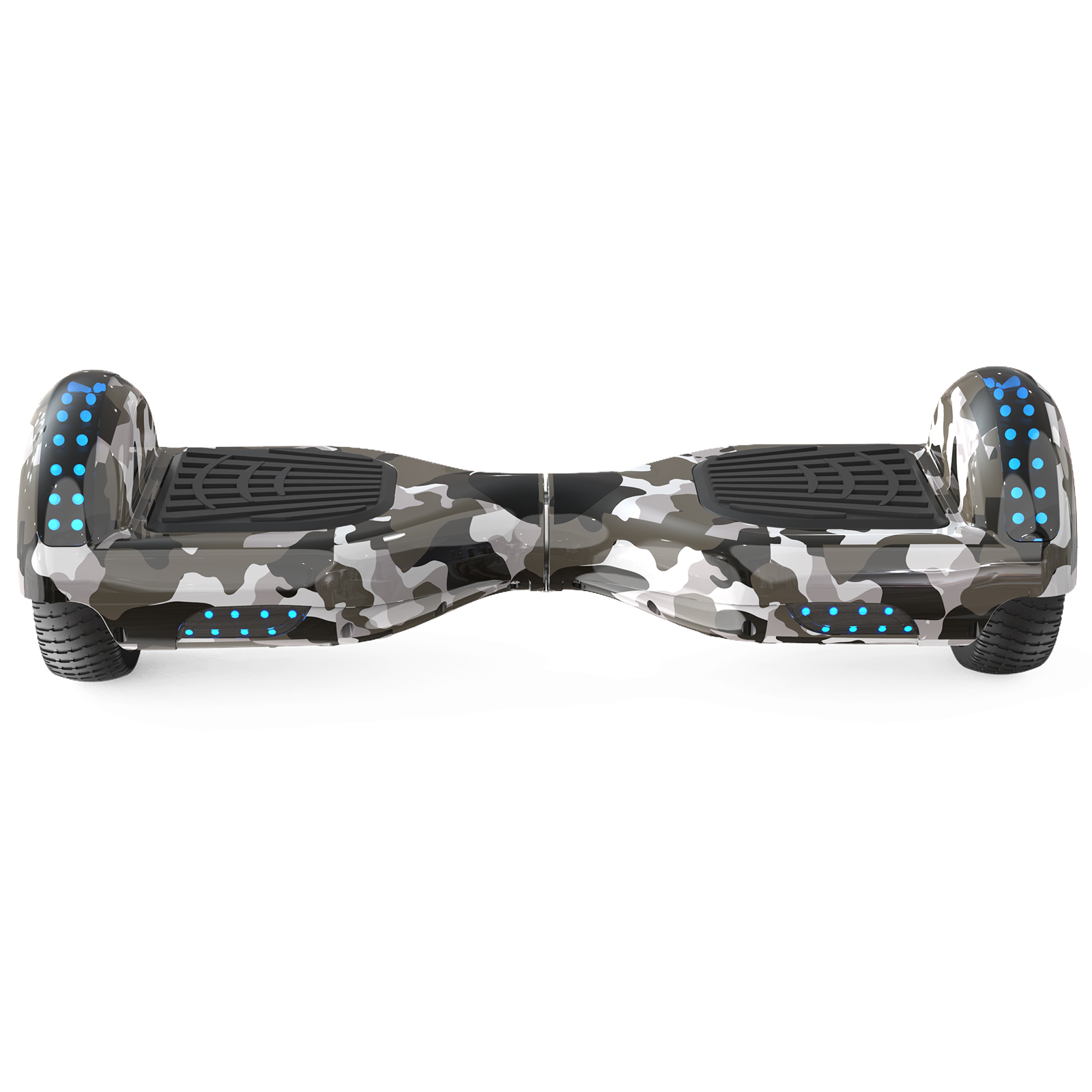 Un hoverboard con estampado de camuflaje con luces azules en la parte delantera y trasera.