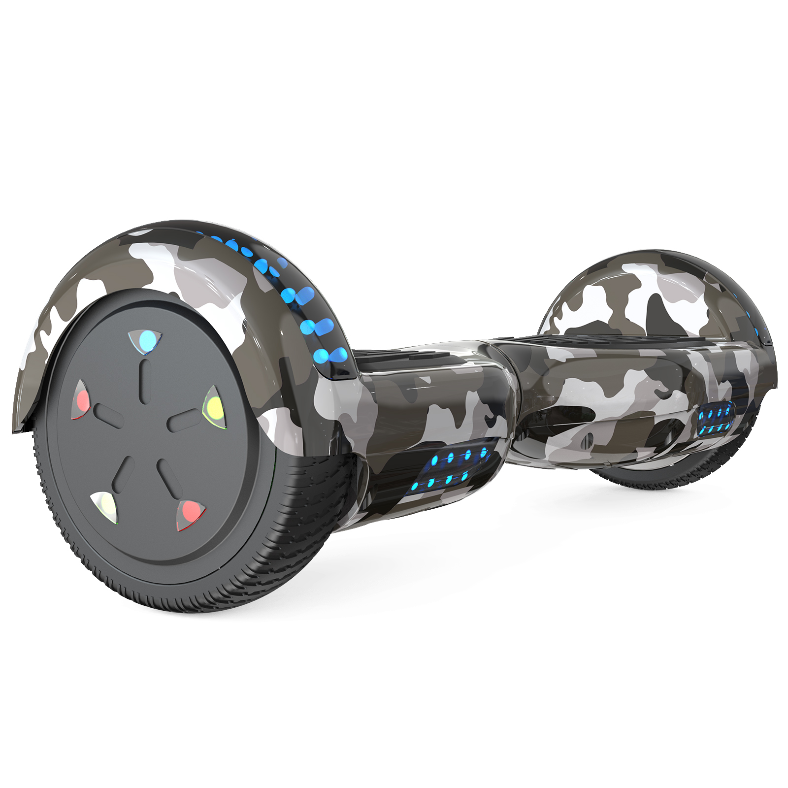 Un hoverboard con patrón de camuflaje con luces en la parte delantera y laterales.