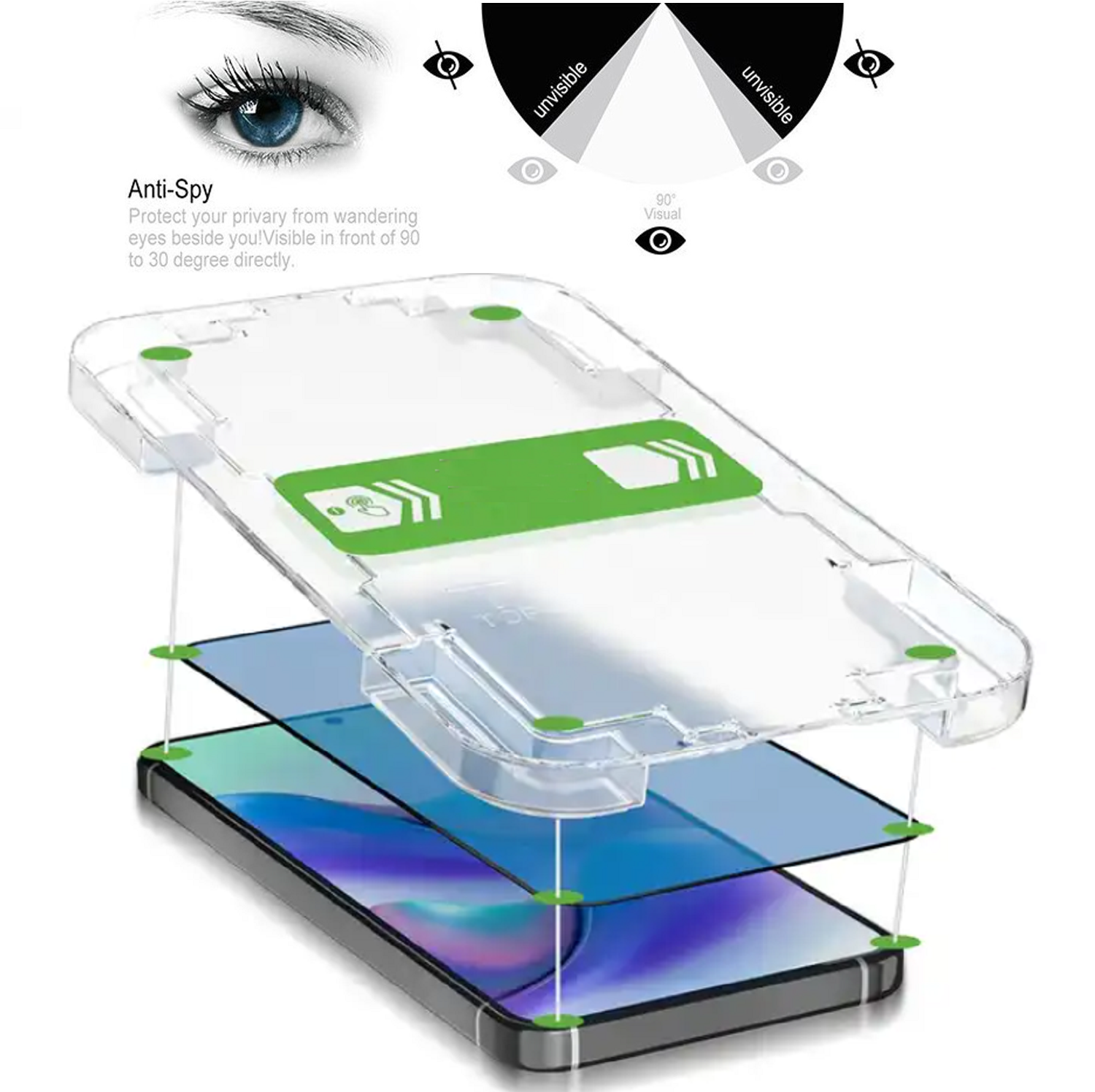 Ein Telefon mit einem Blickschutz, das ein Diagramm der Betrachtungswinkel zeigt.