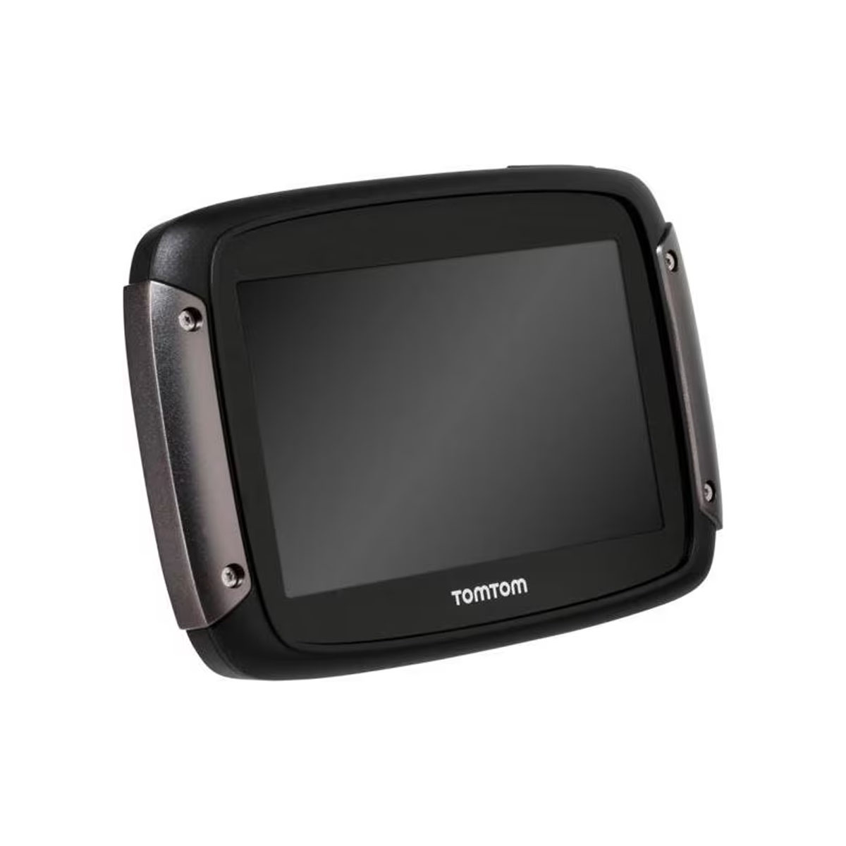 Urządzenie GPS TomTom z pustym ekranem ustawione na czystym białym tle.