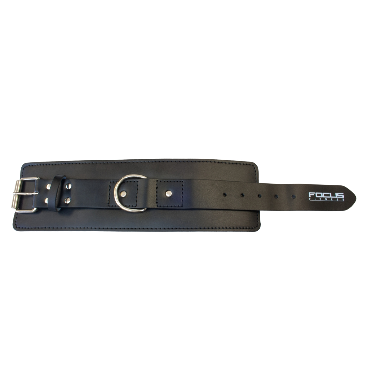 Zwarte leren gewichthefband met metalen gesp en ring, met 'Focus Fitness' logo.