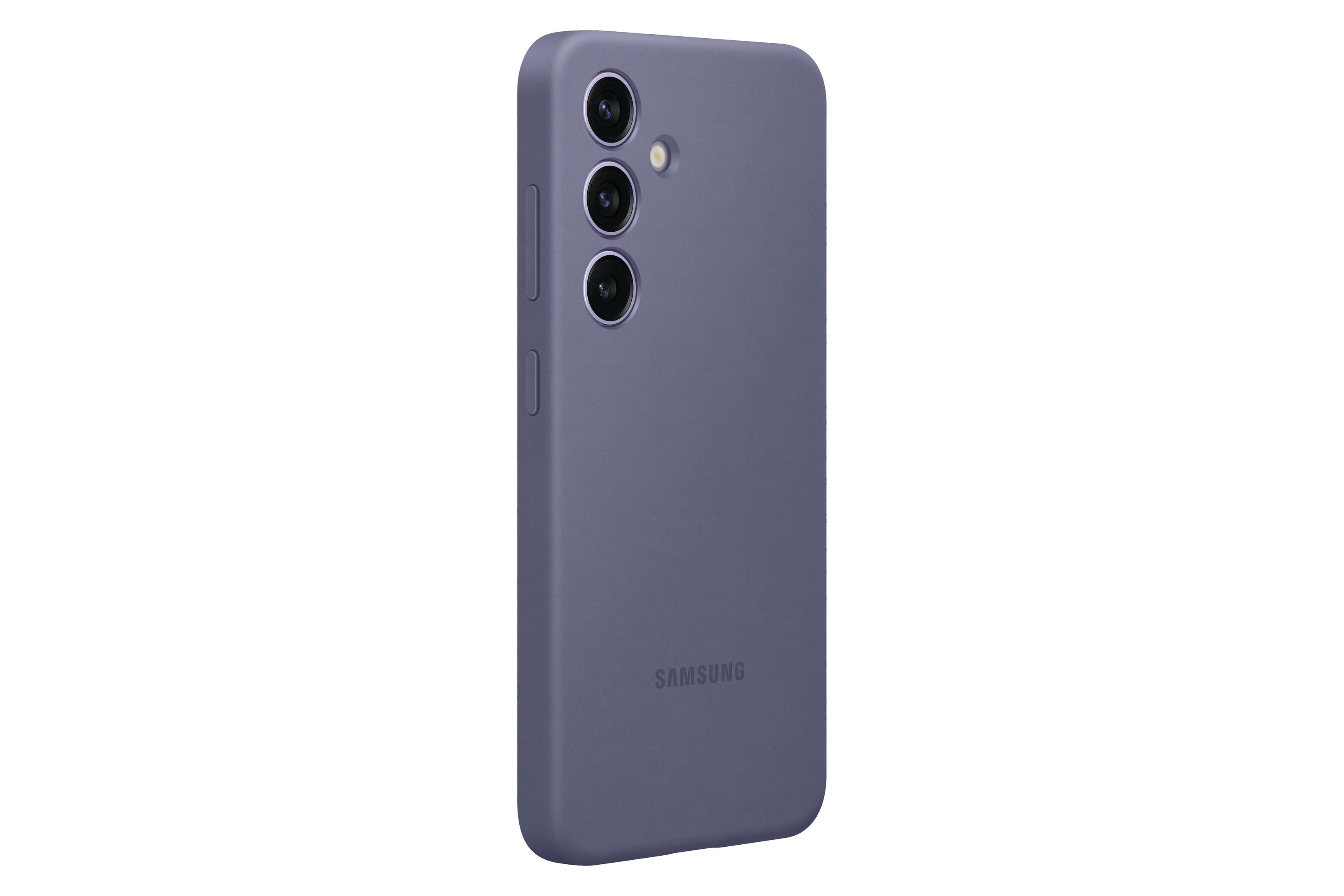 Fioletowe etui na telefon z trzema obiektywami aparatu.