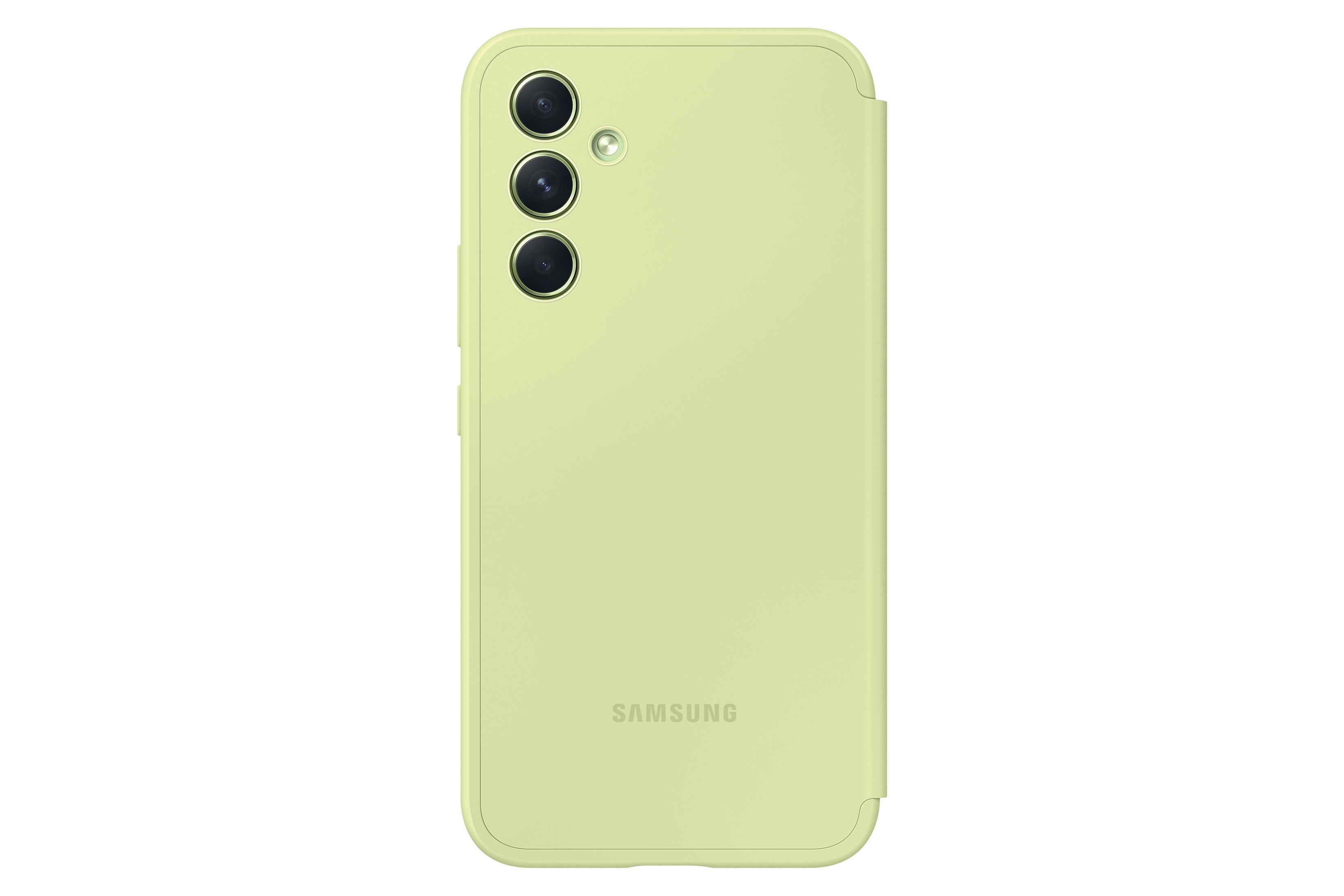 Tył jasnozielonego etui na telefon z trzema obiektywami aparatu i logo Samsung.