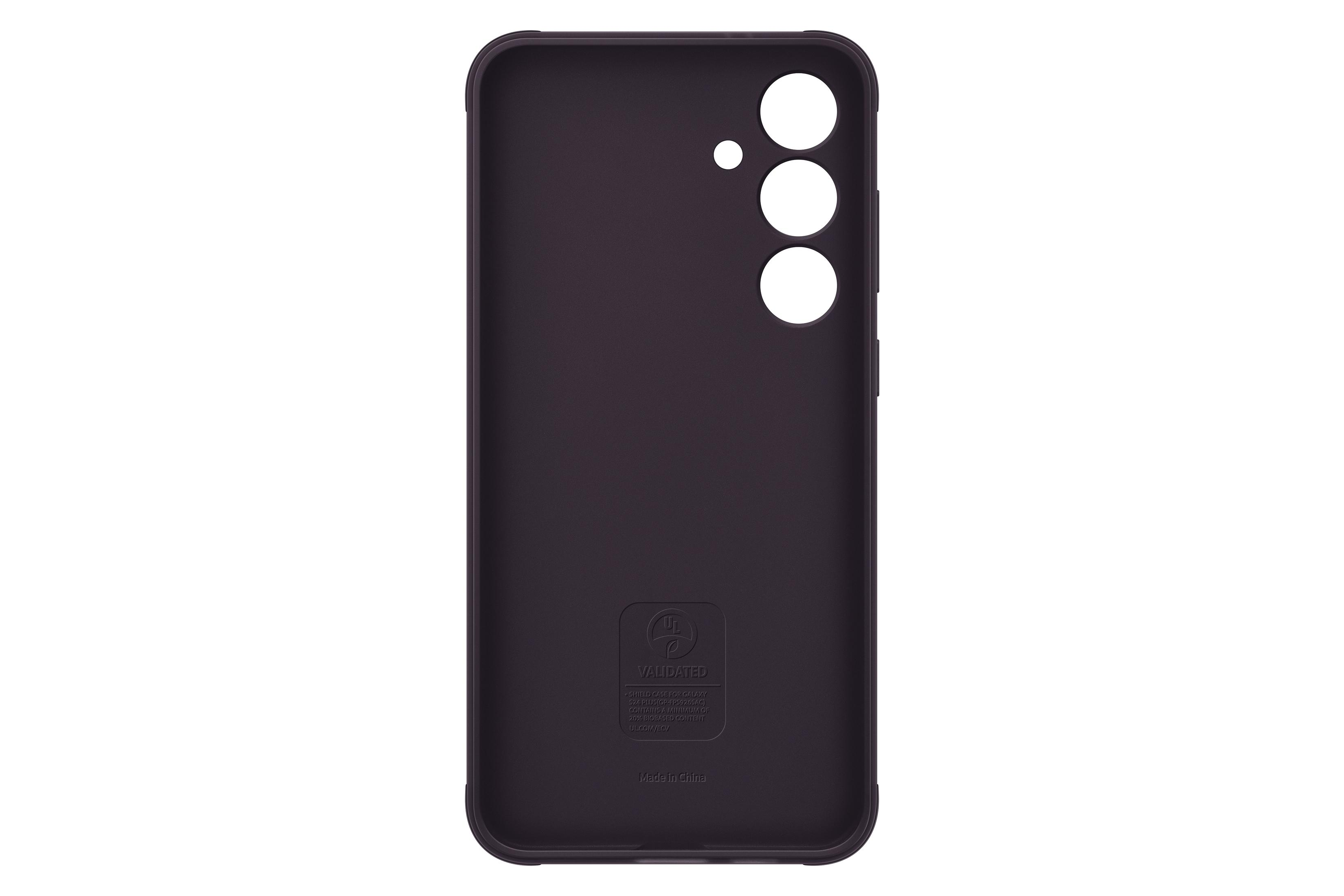 Una funda de teléfono morada oscura con tres orificios para la cámara y la palabra VALIDATED.