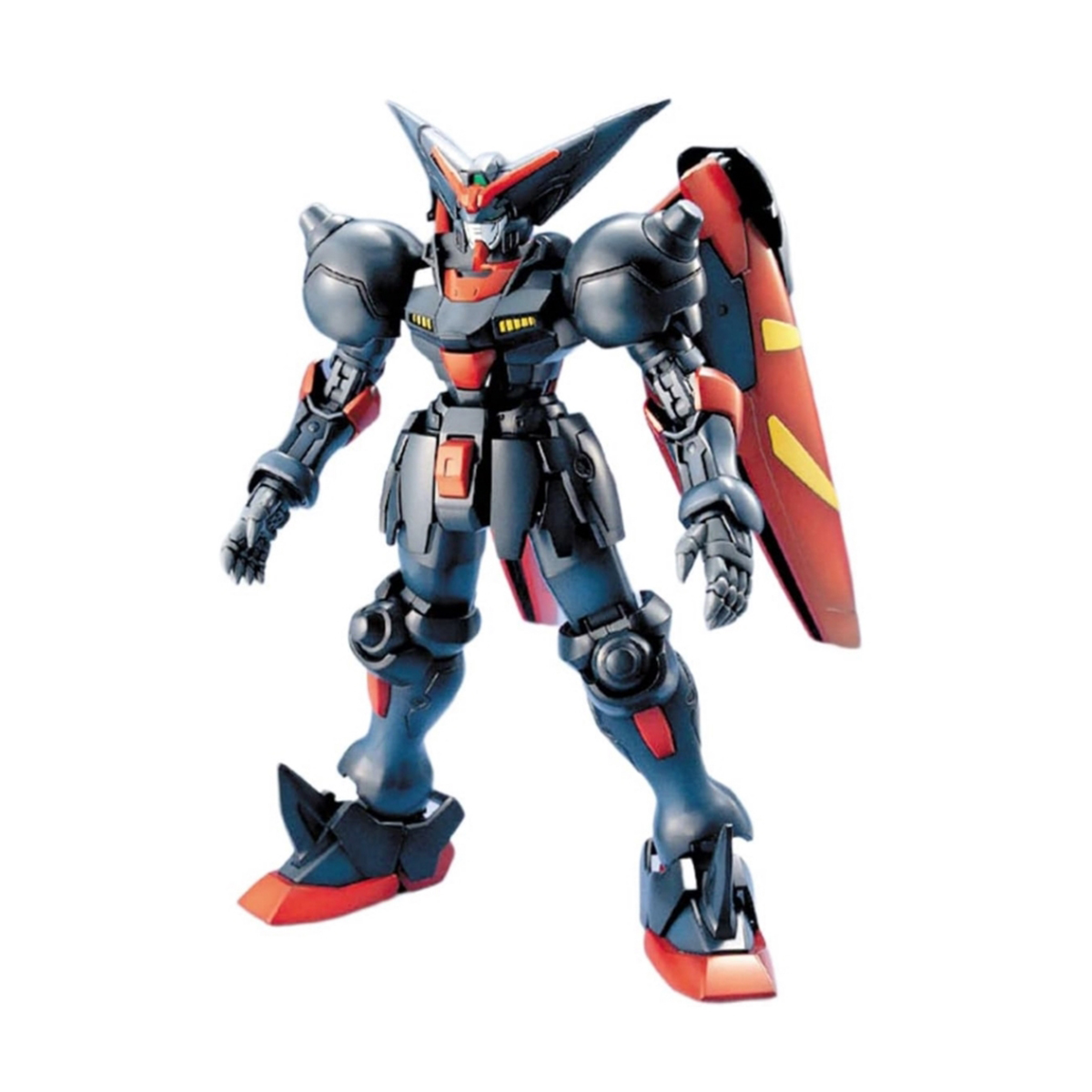 Un modello Gundam nero e rosso con una grande testa, armatura sulle spalle e uno scudo sulla schiena.