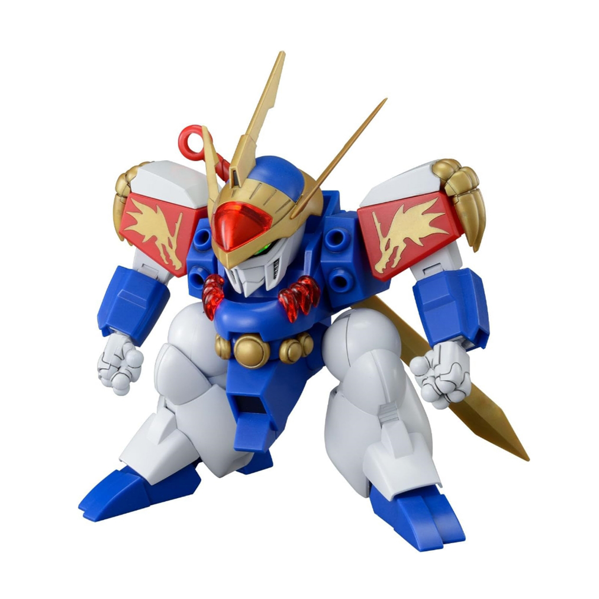 Un modello Gundam blu, oro e bianco con un'emblema di drago, che posa con una spada e una visiera rossa.