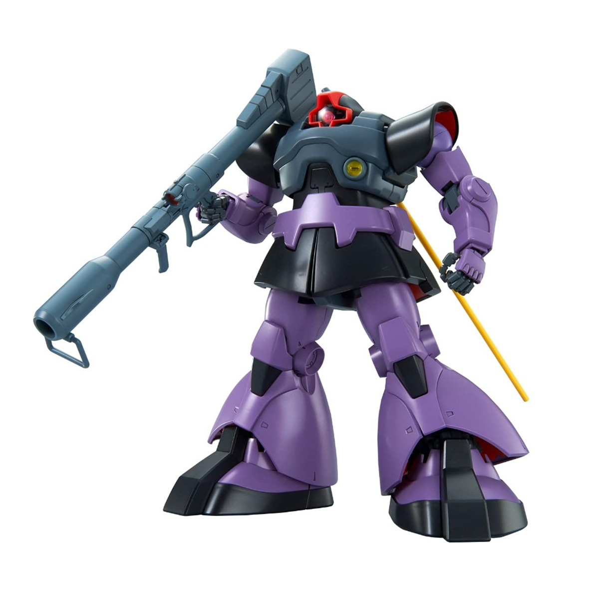 Modello di robot viola e nero con una grande arma, su sfondo bianco.