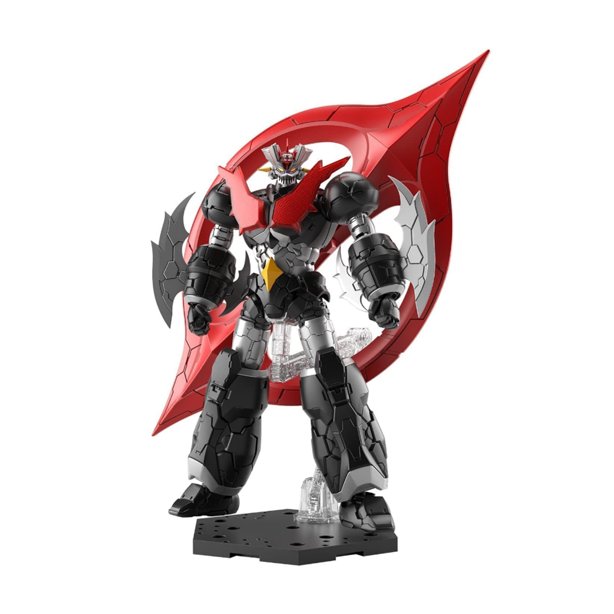 Un giocattolo robot nero e rosso con una struttura alata rossa. È su un supporto nero su sfondo bianco.