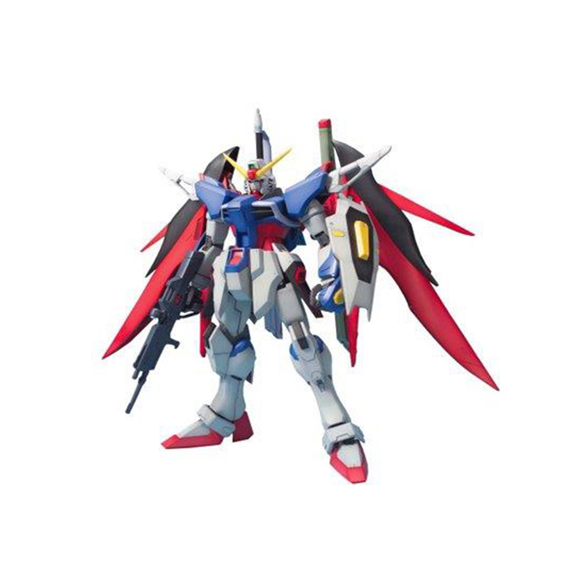 Un robot con colori blu, rosso e bianco, con un'arma e ali, su sfondo bianco. Ha uno scudo.