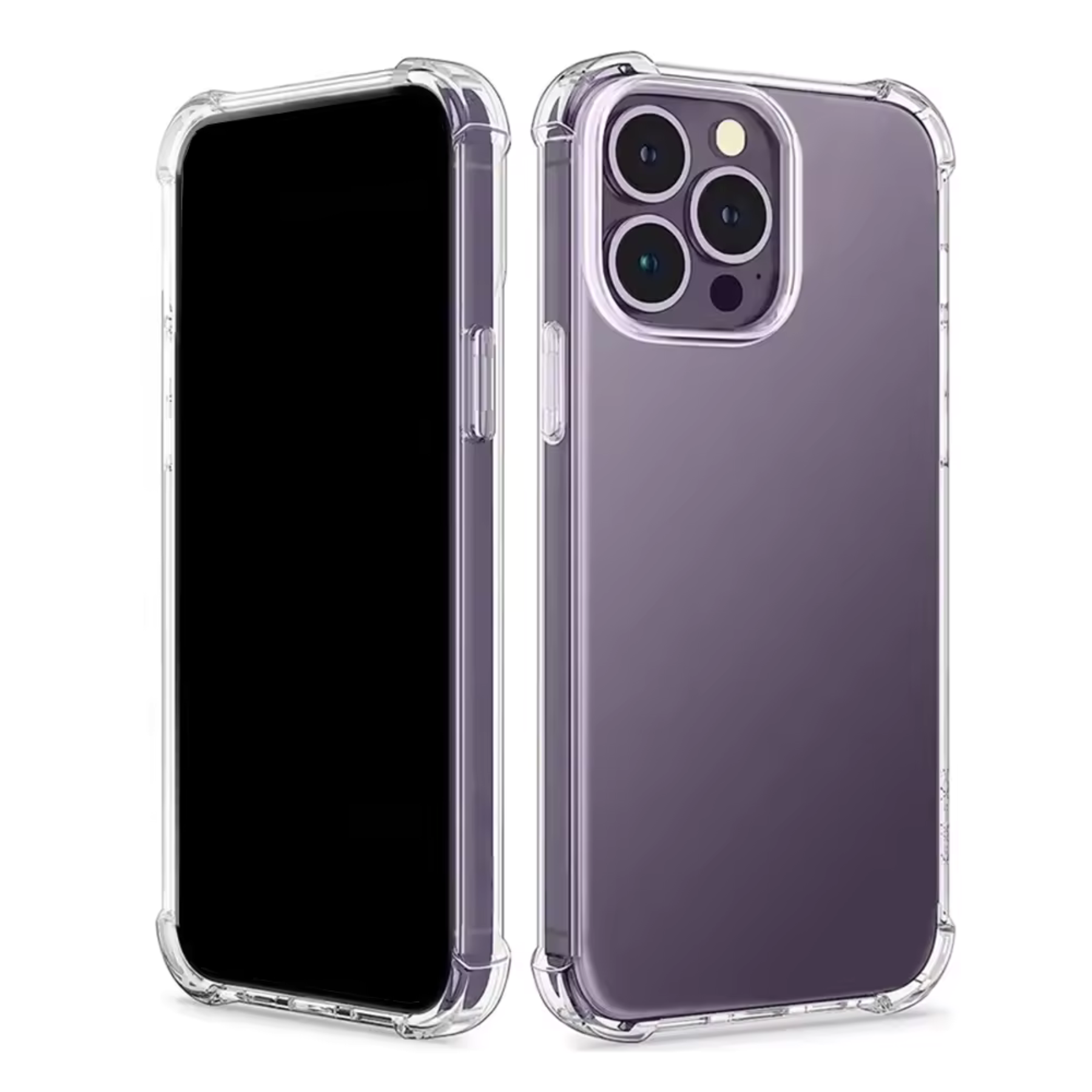 Handyhülle. Transparent mit dunkelviolettem Rücken. Das Telefon ist sichtbar.