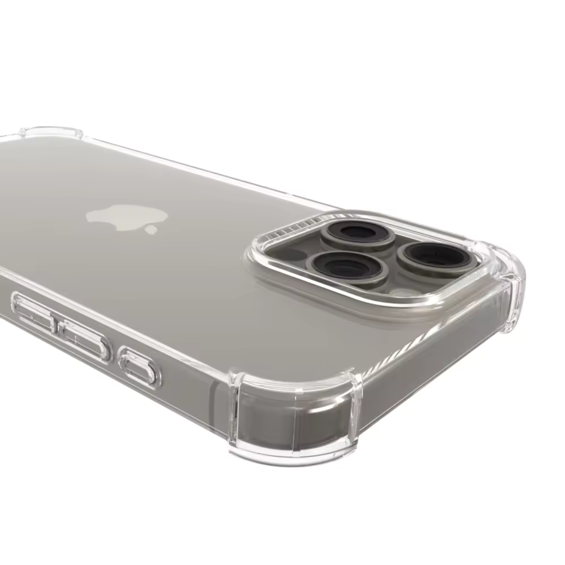 Transparente Handyhülle mit dreifachem Kameraausschnitt. iPhone-Logo sichtbar. Weißer Hintergrund.