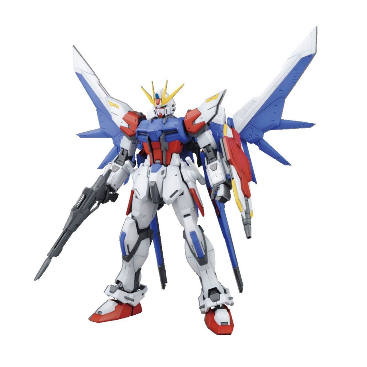Un robot blu, bianco e rosso con ali, che tiene una pistola, su sfondo bianco.