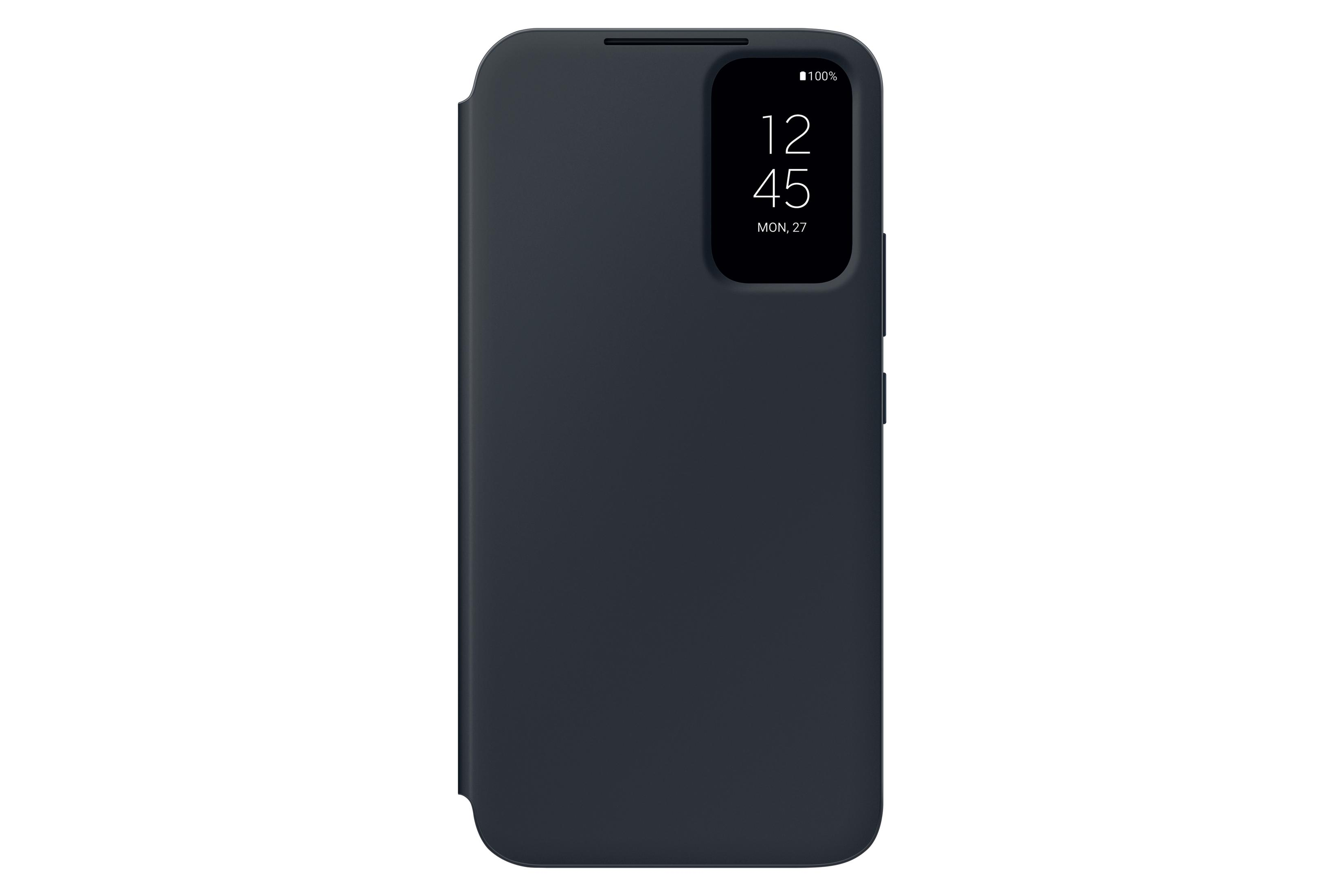 Een donkerblauwe telefoonhoes met een scherm dat de tijd en het batterijpercentage weergeeft.