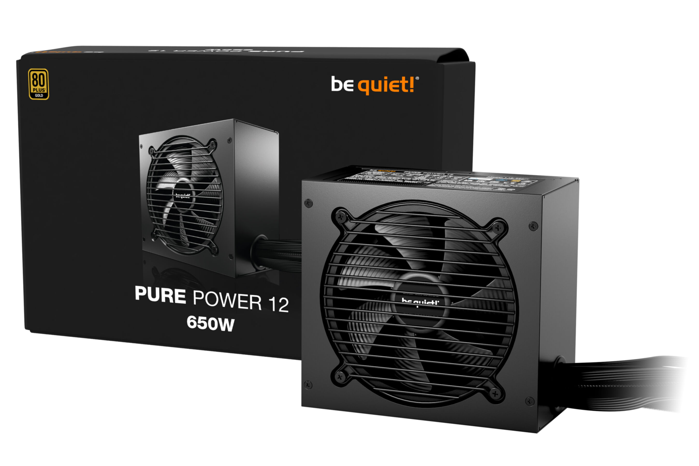 Czarny zasilacz z wentylatorem i opakowaniem. Widoczne logo 'be quiet!' i 'PURE POWER 12 650W'.