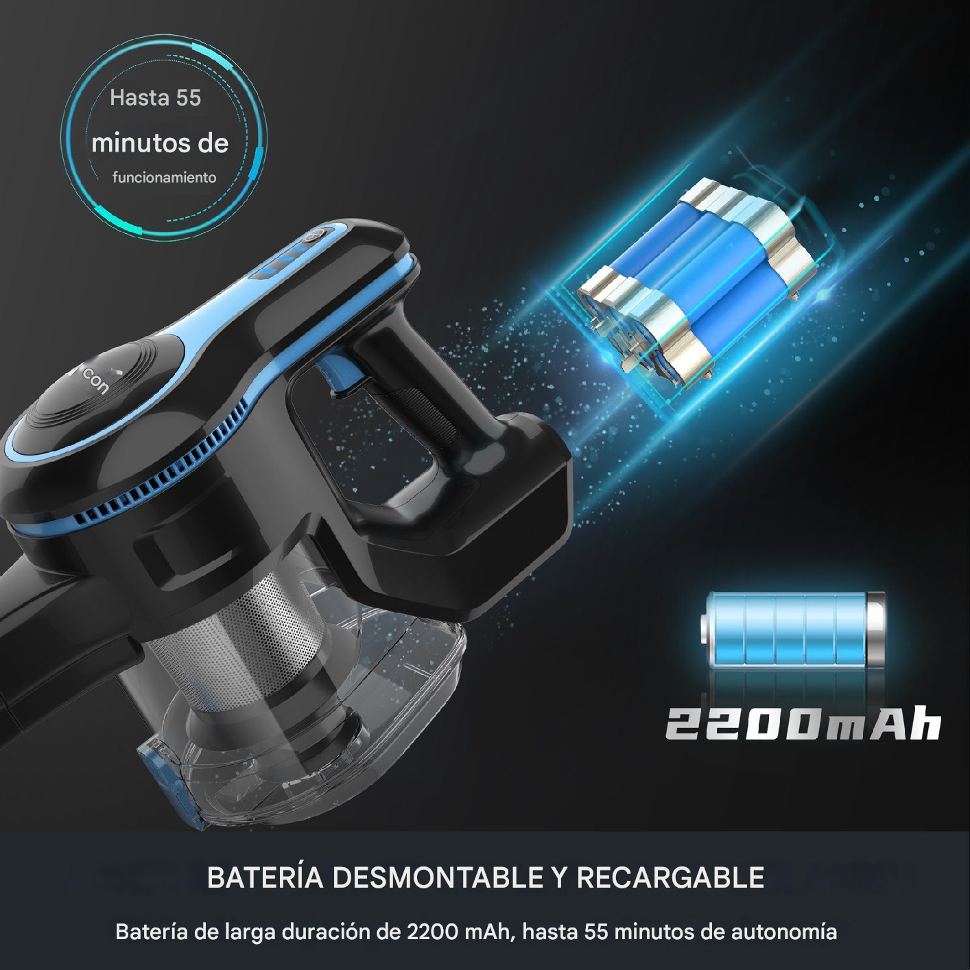 Aspiradora negra y azul, batería, texto: Batería extraíble y recargable.