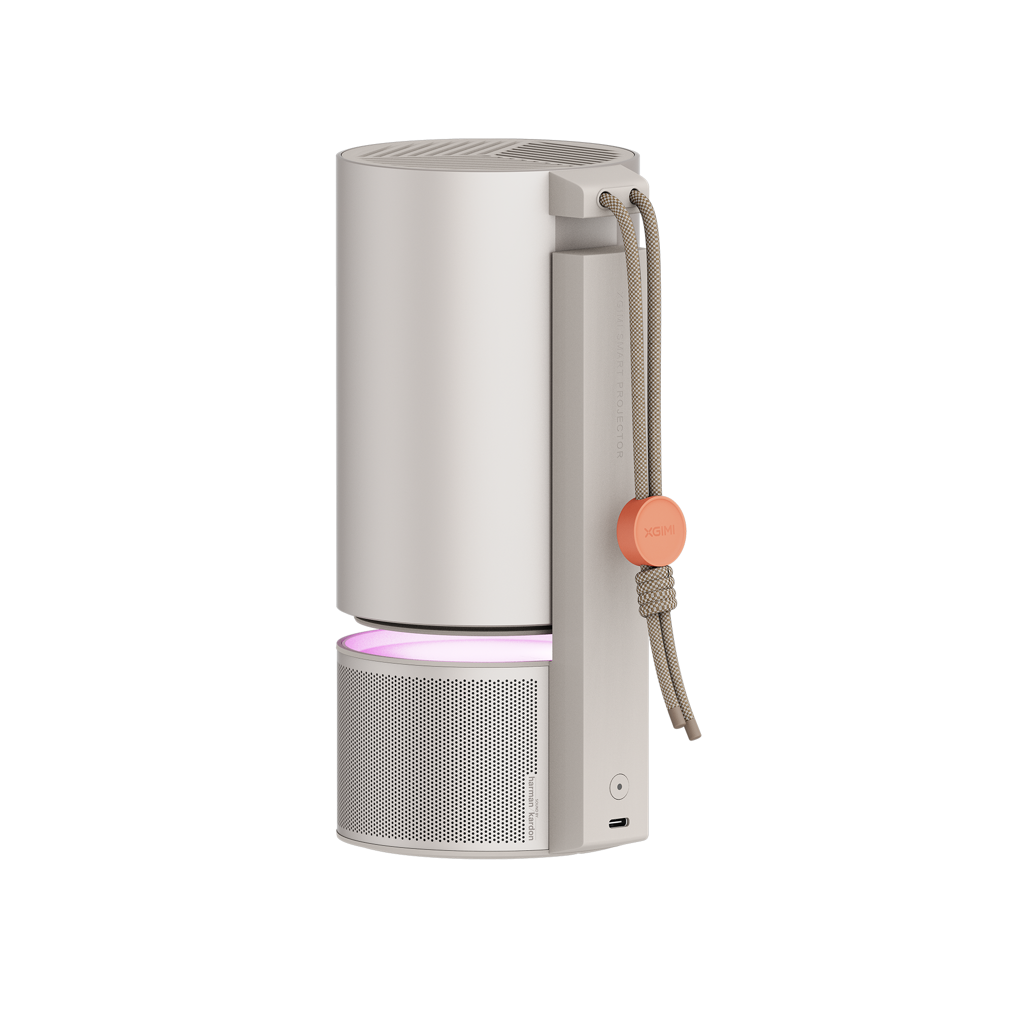 Un altoparlante a forma di cilindro bianco e beige con luce rosa, manico beige e bottone arancione.