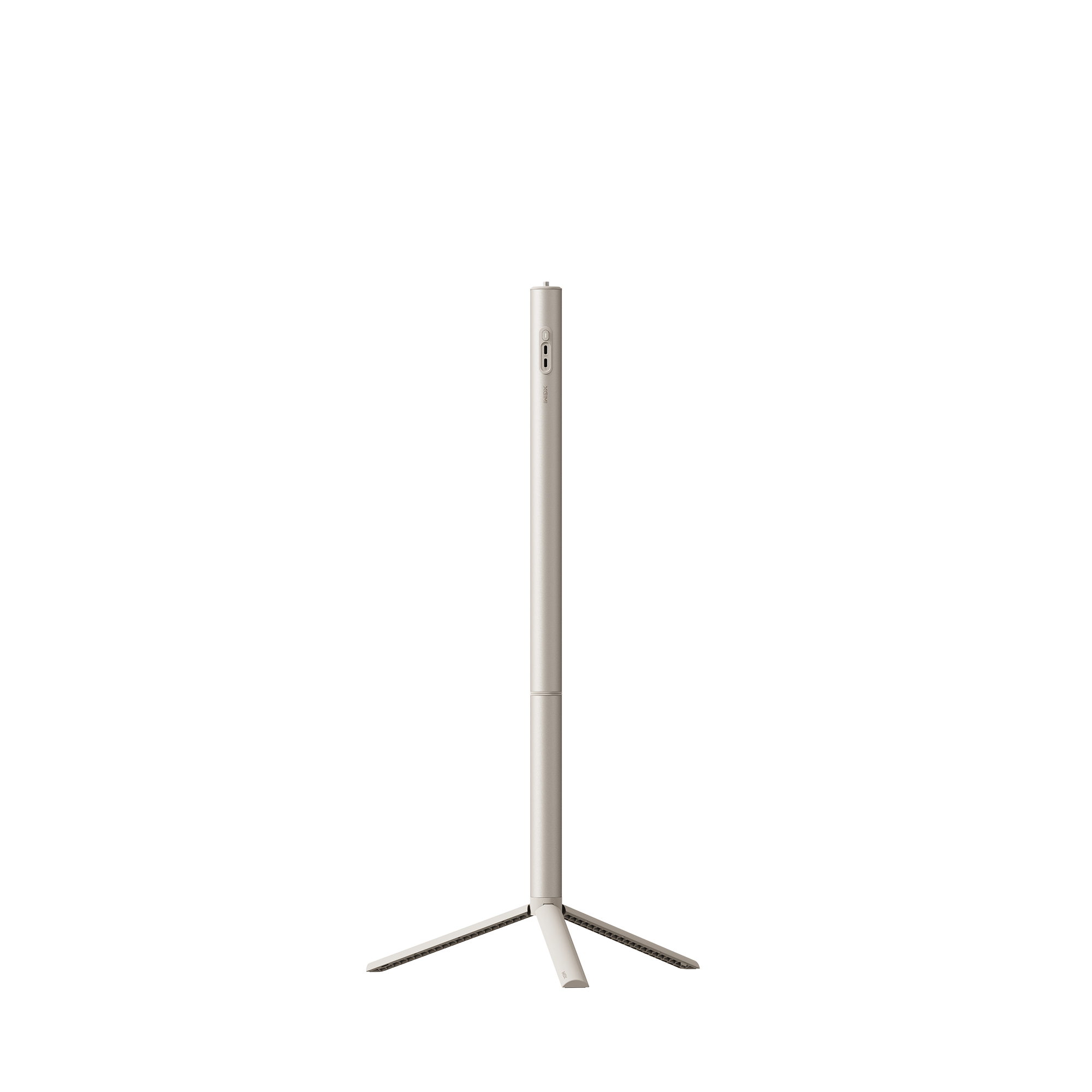 Un supporto alto e sottile, beige, con base a treppiede, su sfondo nero.