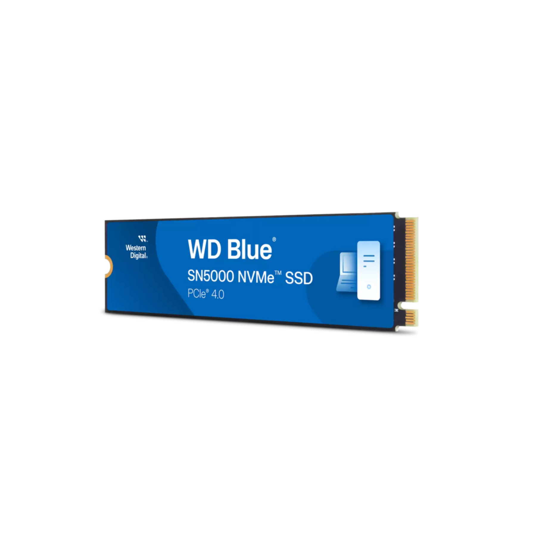 WD Blue SN5000 NVMe SSD. Niebieski i czarny dysk SSD na białym tle. PCIe 4.0.
