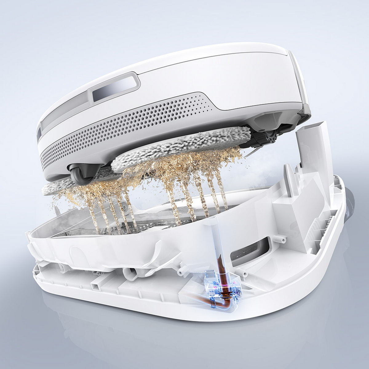 Una vista in sezione trasversale ravvicinata di un pulitore per pavimenti robotico bianco con acqua che esce.