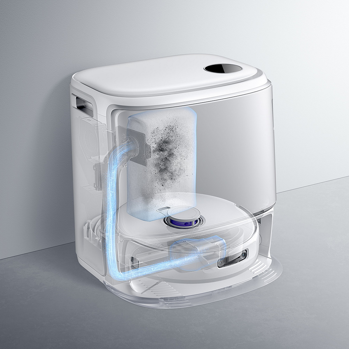 Sezione trasversale di un robot aspirapolvere. Mostra il sistema acqua e filtro, la spazzola e i componenti interni.