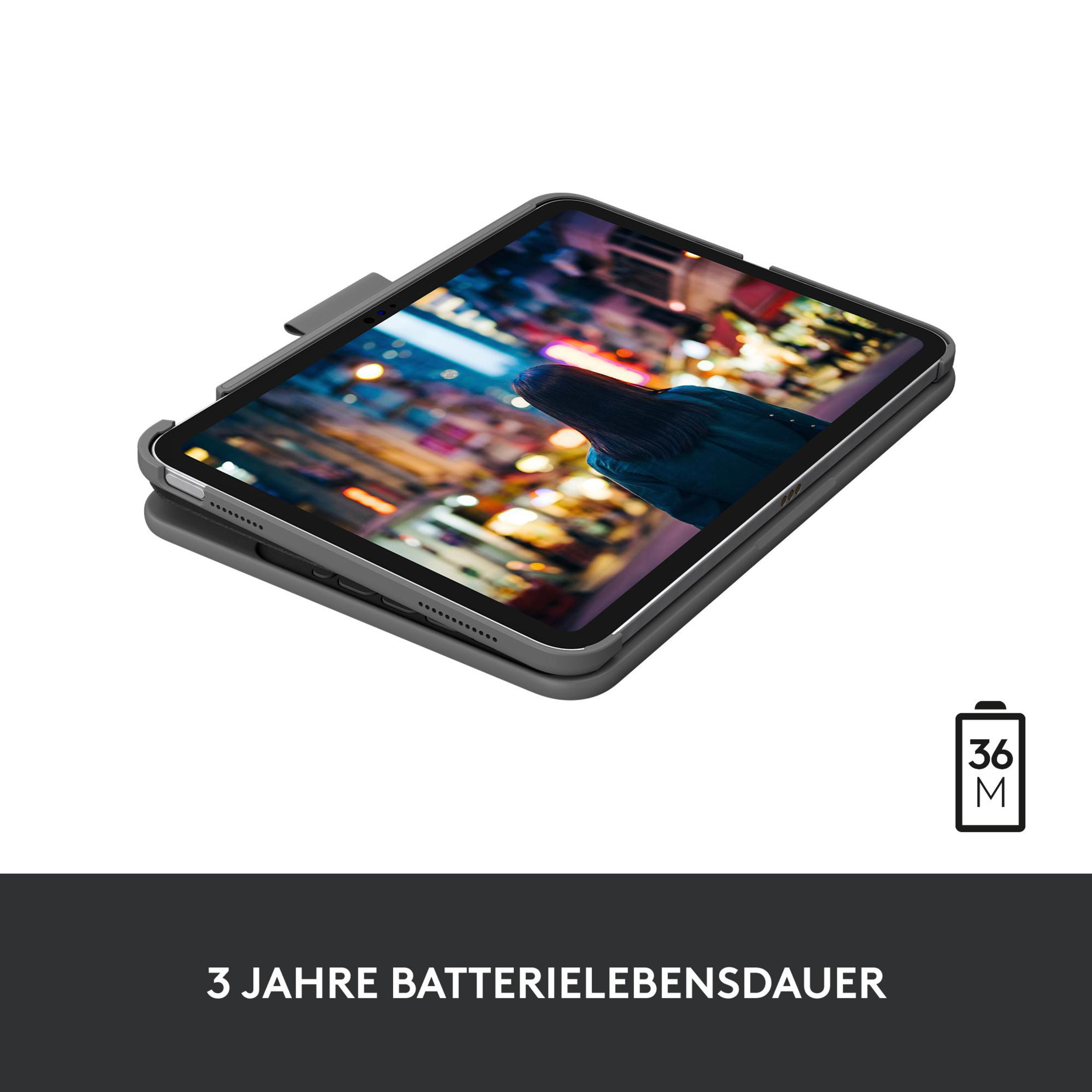 Tablet w szarej obudowie. Na ekranie widać miasto. Tekst dotyczący żywotności baterii: 3 JAHRE BATTERIELEBENSDAUER.