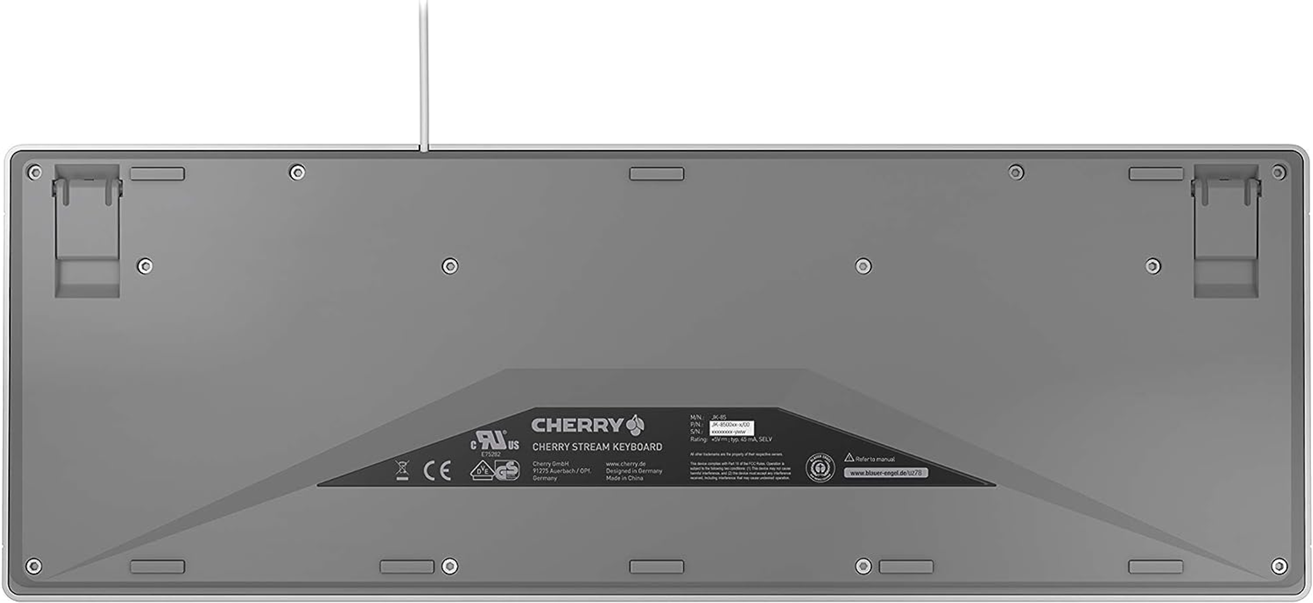 De onderkant van een grijs Cherry Stream toetsenbord met labels.