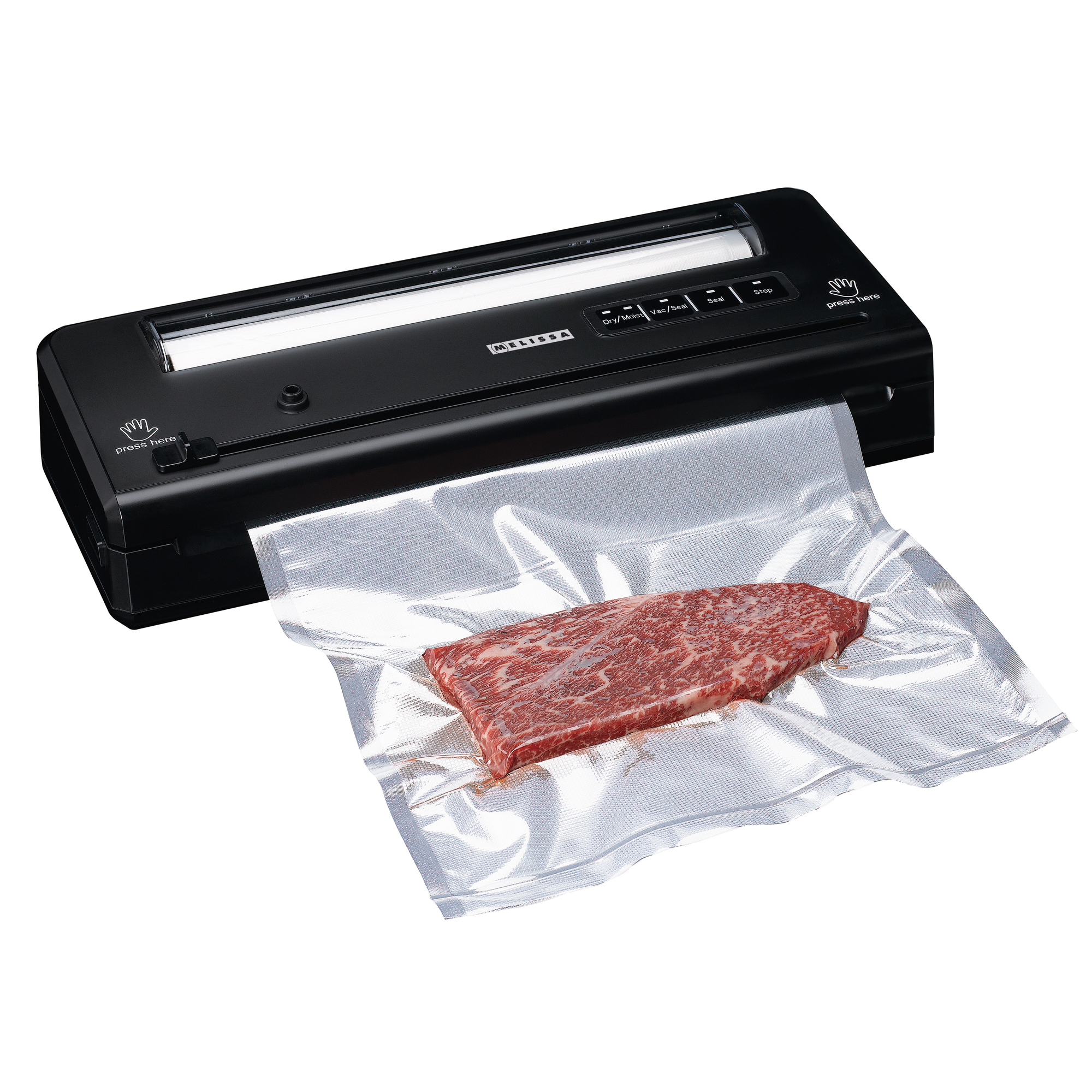 Una sigillatrice sottovuoto nera con una bistecca cruda in un sacchetto di plastica trasparente.