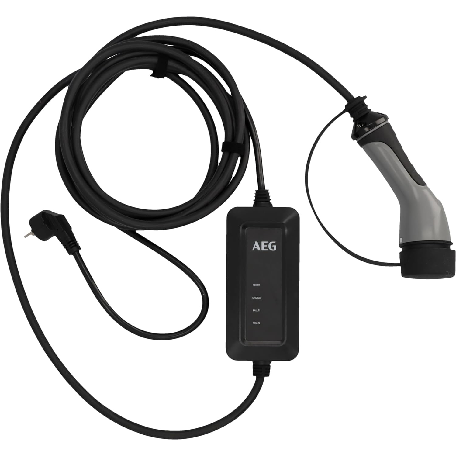 Schwarzes und graues Ladekabel. Es hat einen Stecker und einen Ladeanschluss und eine schwarze Box dazwischen.