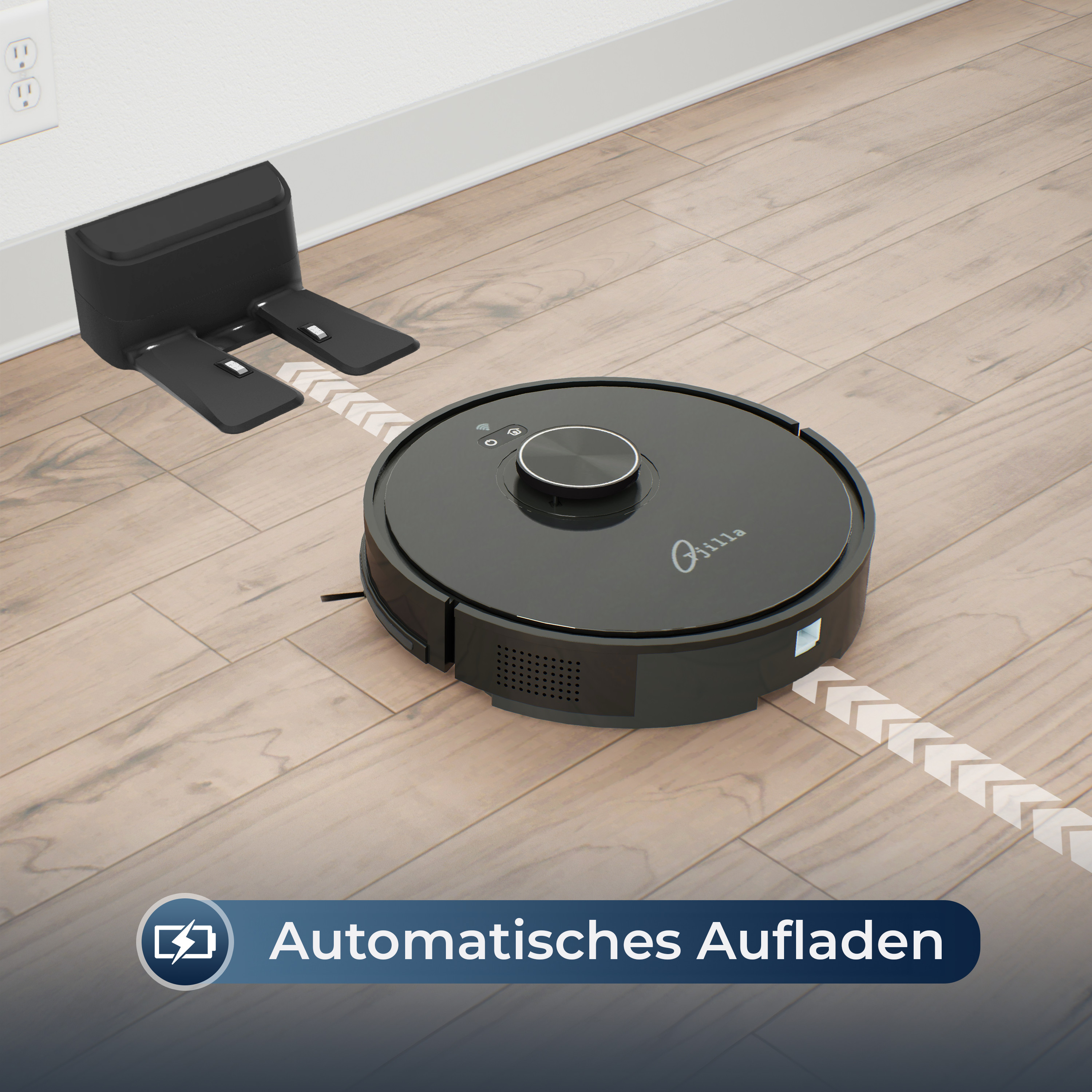Roboter-Staubsauger auf Holzboden, reinigt mit Ladestation, angezeigt durch Pfeile.