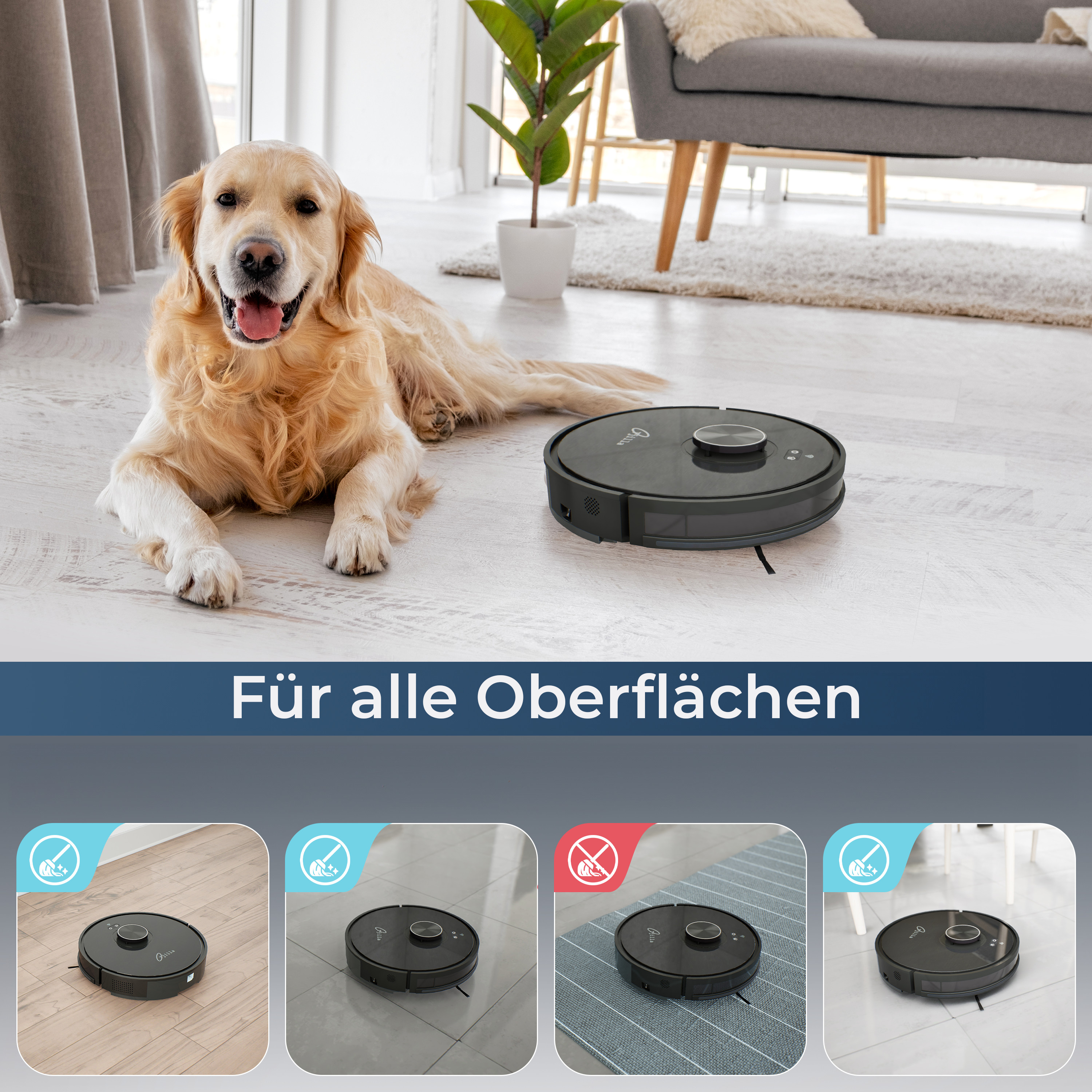 Golden Retriever Hund liegt auf Holzboden neben einem Roboter-Staubsauger.