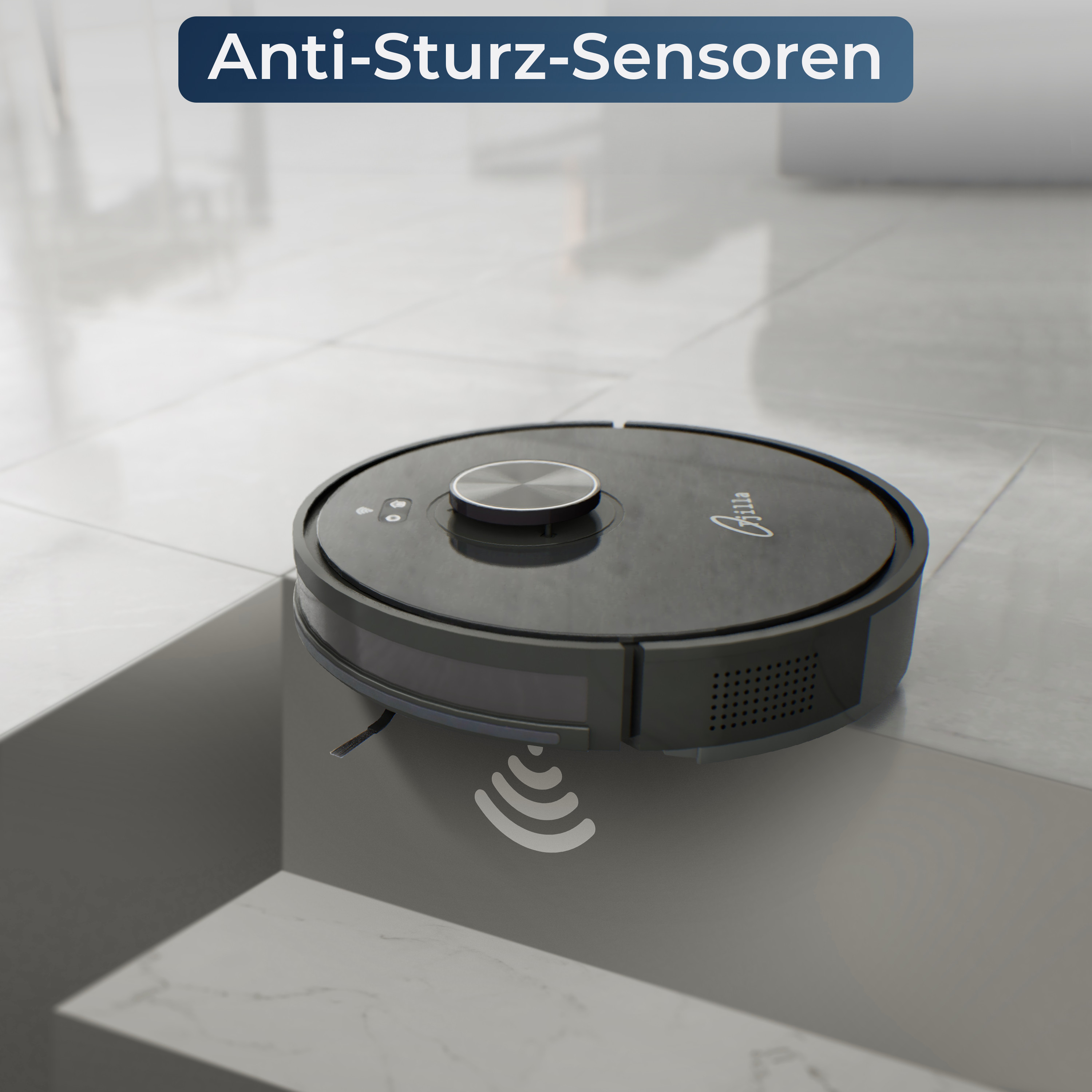 Ein schwarzer Roboter-Staubsauger auf einem gefliesten Boden mit Anti-Fall-Sensoren.