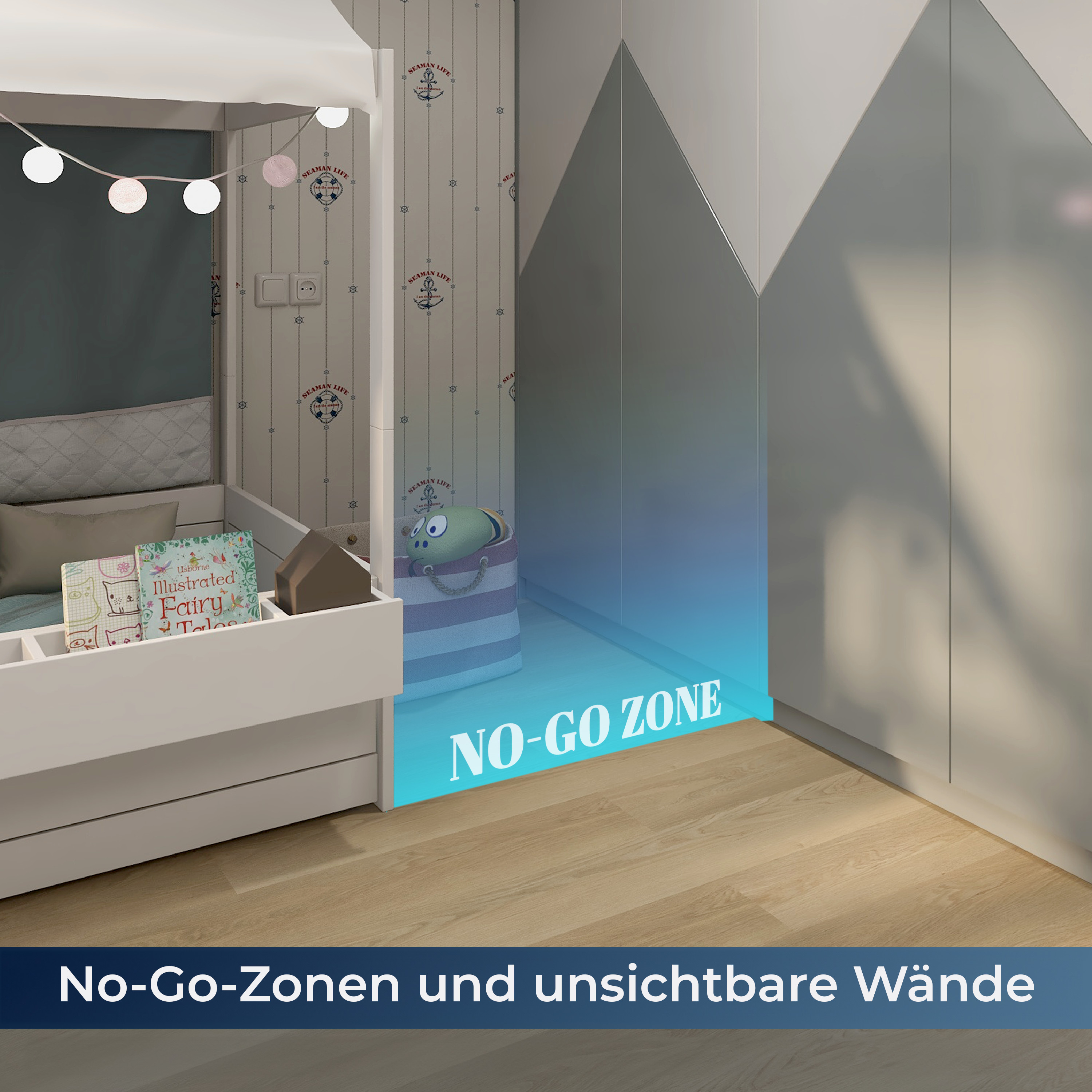 Kinderzimmer mit Bett, Spielzeugkiste und Text: 'NO-GO ZONE'.