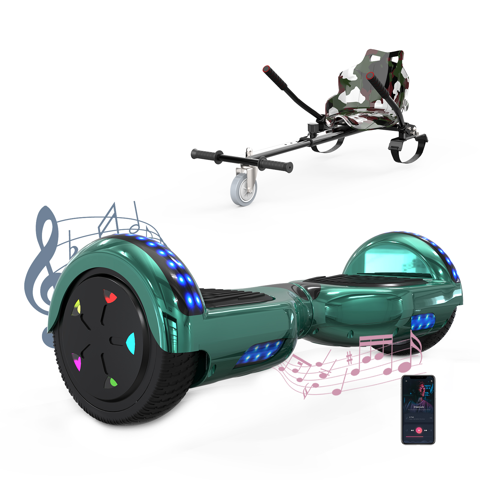 Ein grünes Hoverboard mit einem angebrachten Wagen. Ein Telefon zeigt Noten, das Hoverboard spielt Musik.