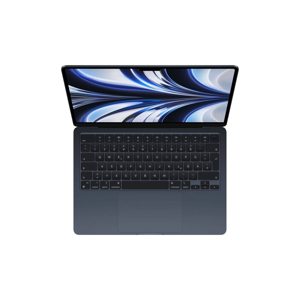 Ein moderner Laptop mit dunkelblauer Tastatur und offenem Bildschirm, Draufsicht. Weißer Hintergrund.