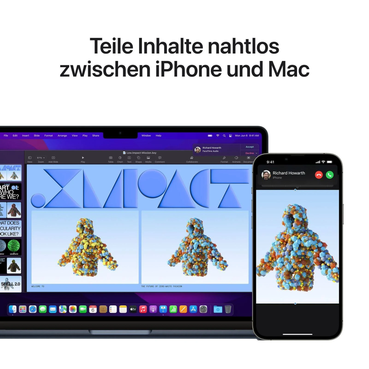 Laptop und Telefon zeigen einen Videoanruf. Der Laptop zeigt eine Präsentation. Der Hintergrund ist verschwommen.