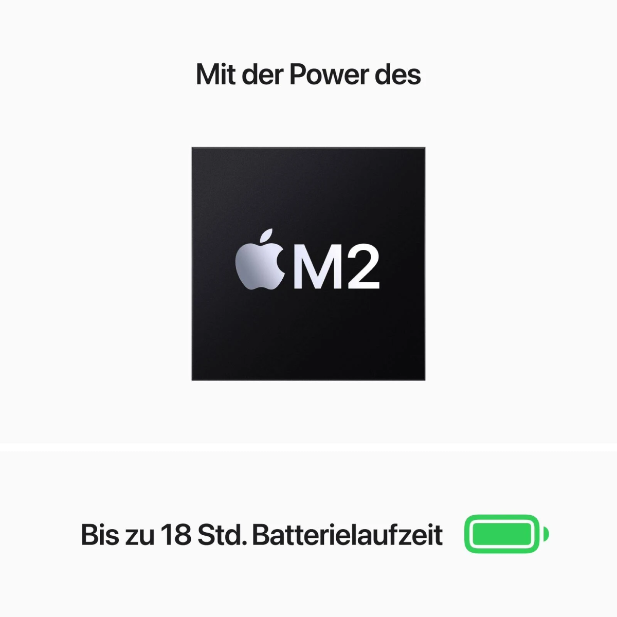 Apple M2 Chip auf schwarzem Untergrund mit Text zur Akkulaufzeit.