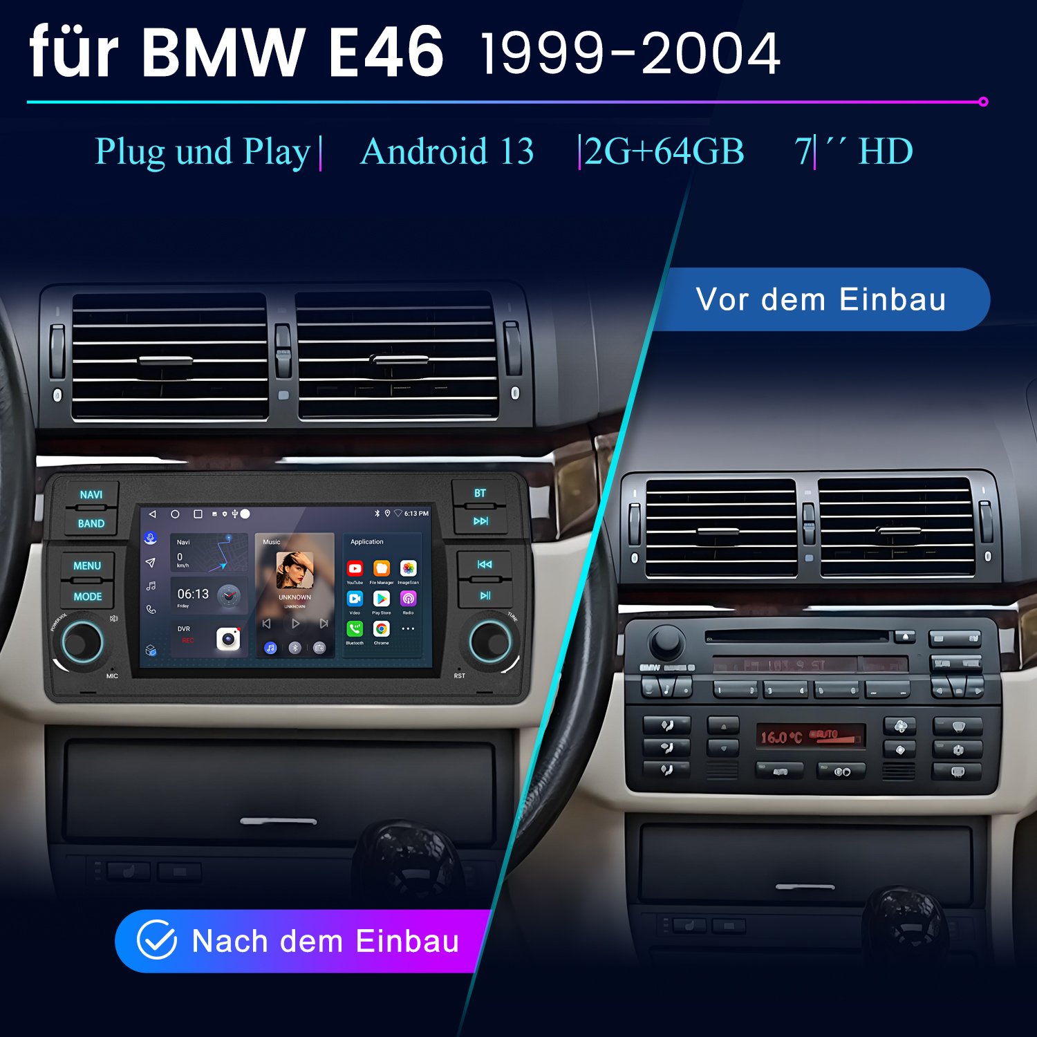 Wymiana ekranu radia samochodowego, przed i po instalacji, dla BMW E46.