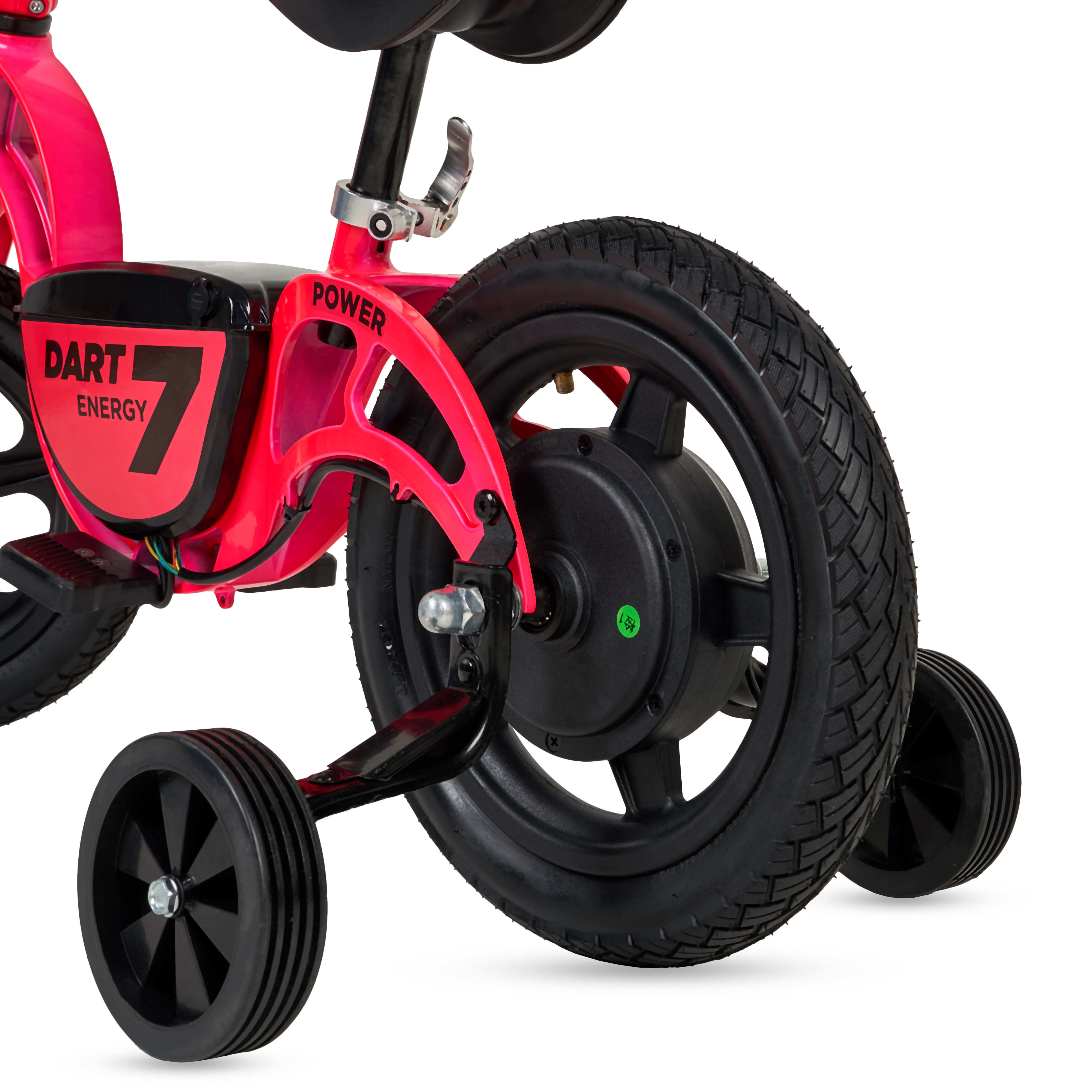 Un triciclo eléctrico rosa con neumáticos negros y ruedines. La marca es Dart Energy.