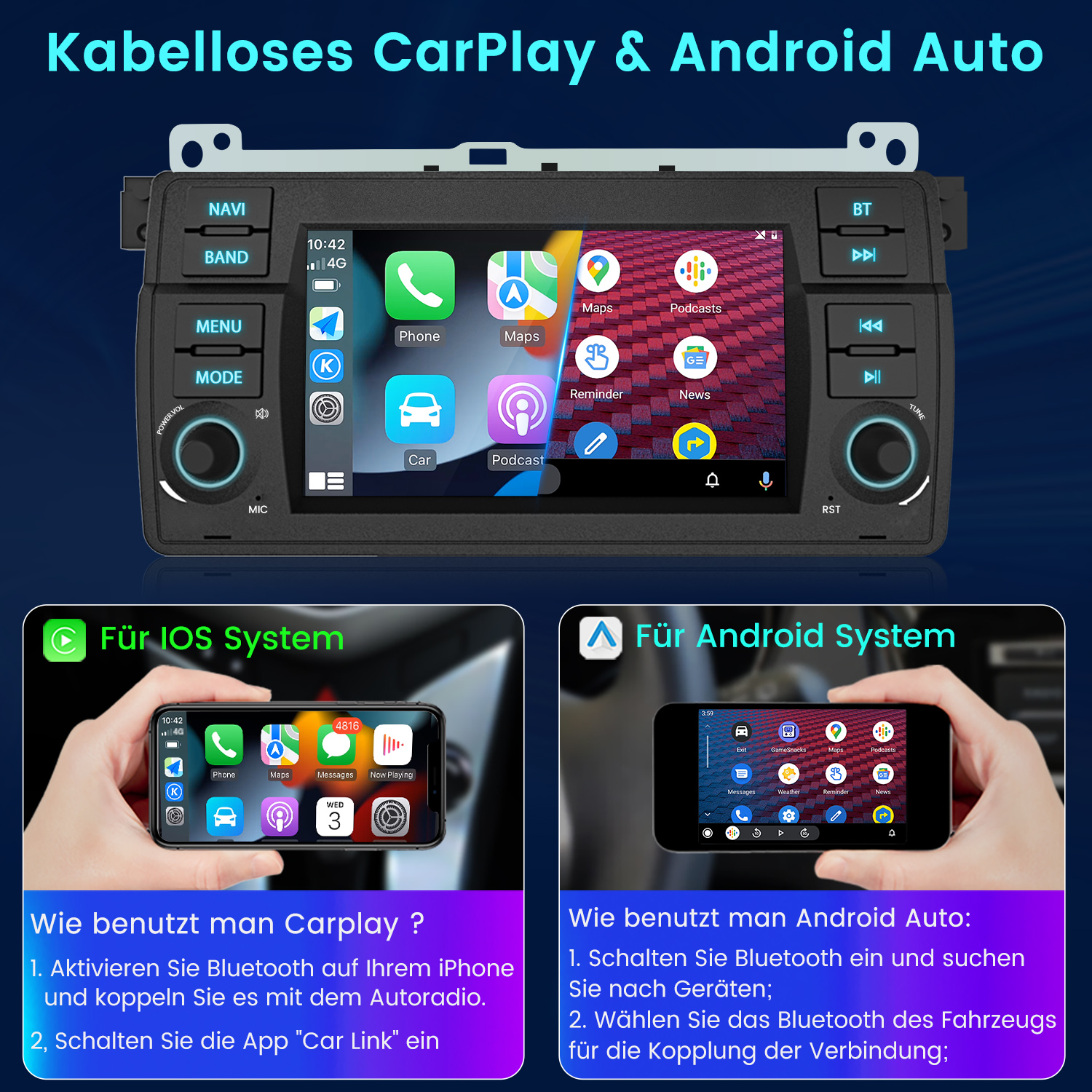 Radio samochodowe z ekranem wyświetlającym ikony aplikacji. Instrukcje dotyczące CarPlay i Android Auto poniżej.