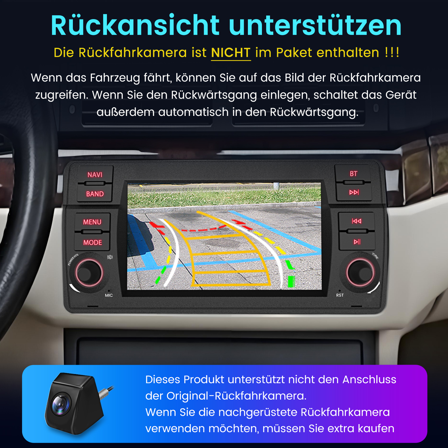 Auto-Armaturenbrett mit Bildschirm, der eine Rückfahrkamera zeigt. Mit Knöpfen und Text.