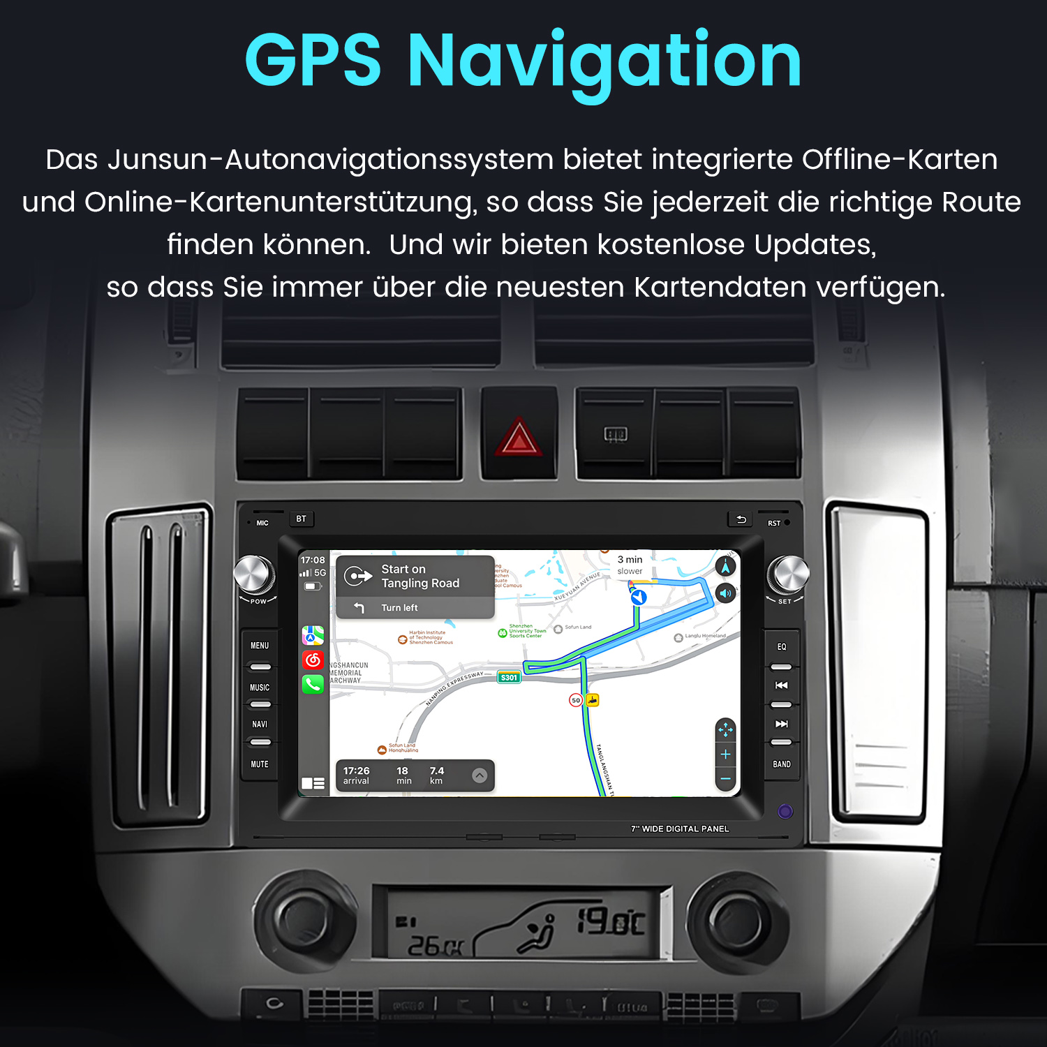 Ekran nawigacji samochodowej pokazujący mapę ze wskazówkami. Tekst na górze to: GPS Navigation.